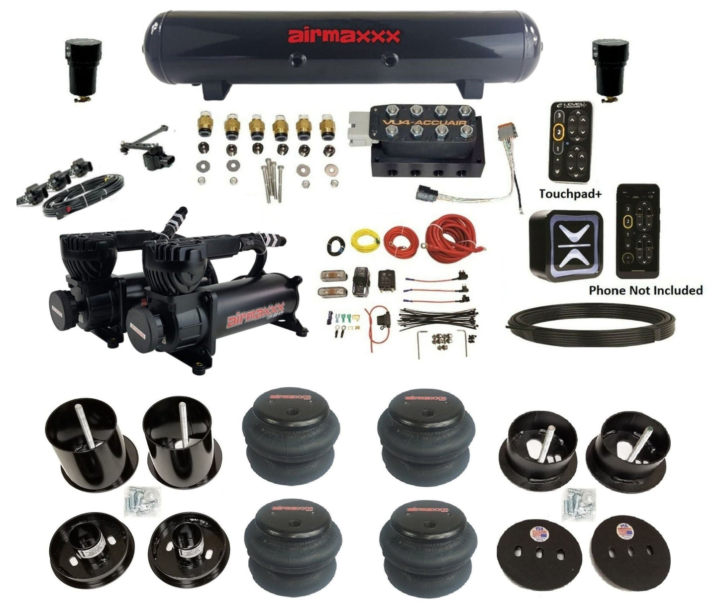 AccuAir E+ Connect & VU4 dual 580 black compressors 2600 bags & steel tank air ride kit for 1963–1964 Cadillac KCAD63-580B2-57S-VU4EHT-WK-HF