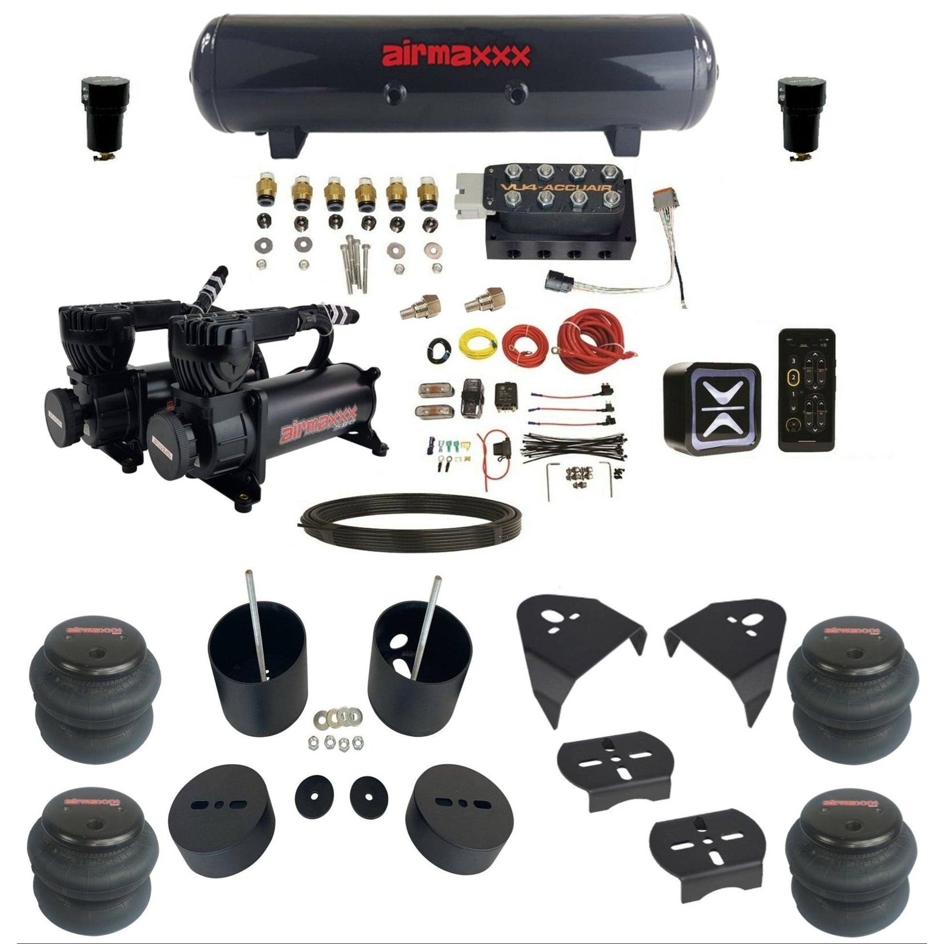 AccuAir E+ Connect VU4 dual 580 black compressors 2600 bags steel tank air ride kit for 1988–1998 Chevy Silverado KGM88-580B2-57S-VU4E-WK-HF