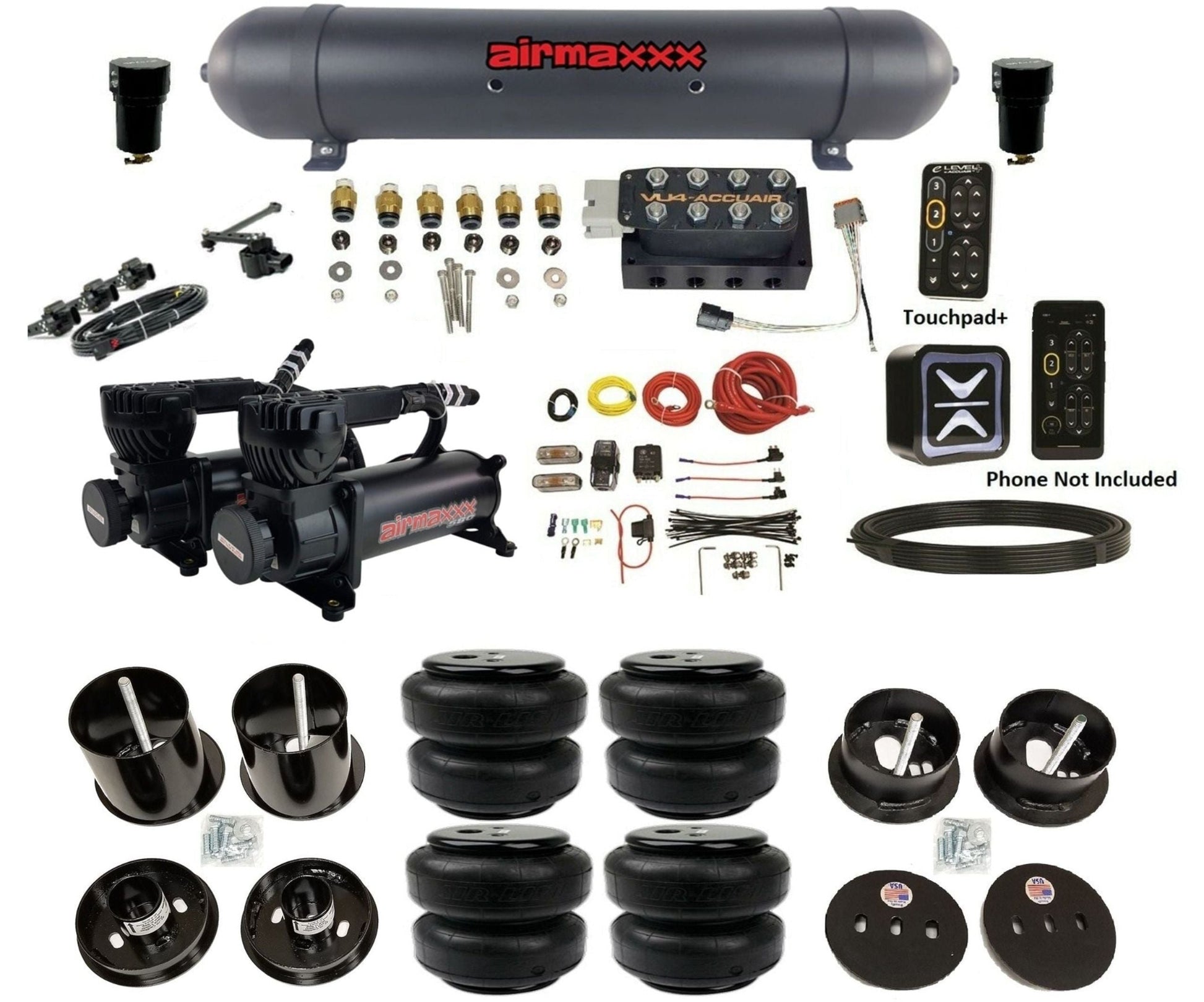 AccuAir E+ Connect & VU4 dual 580 black compressors airlift bags & aluminum tank air ride kit for 1963–1964 Cadillac KCAD63-580B2-57ABK-VU4EHT-WK-HFD25