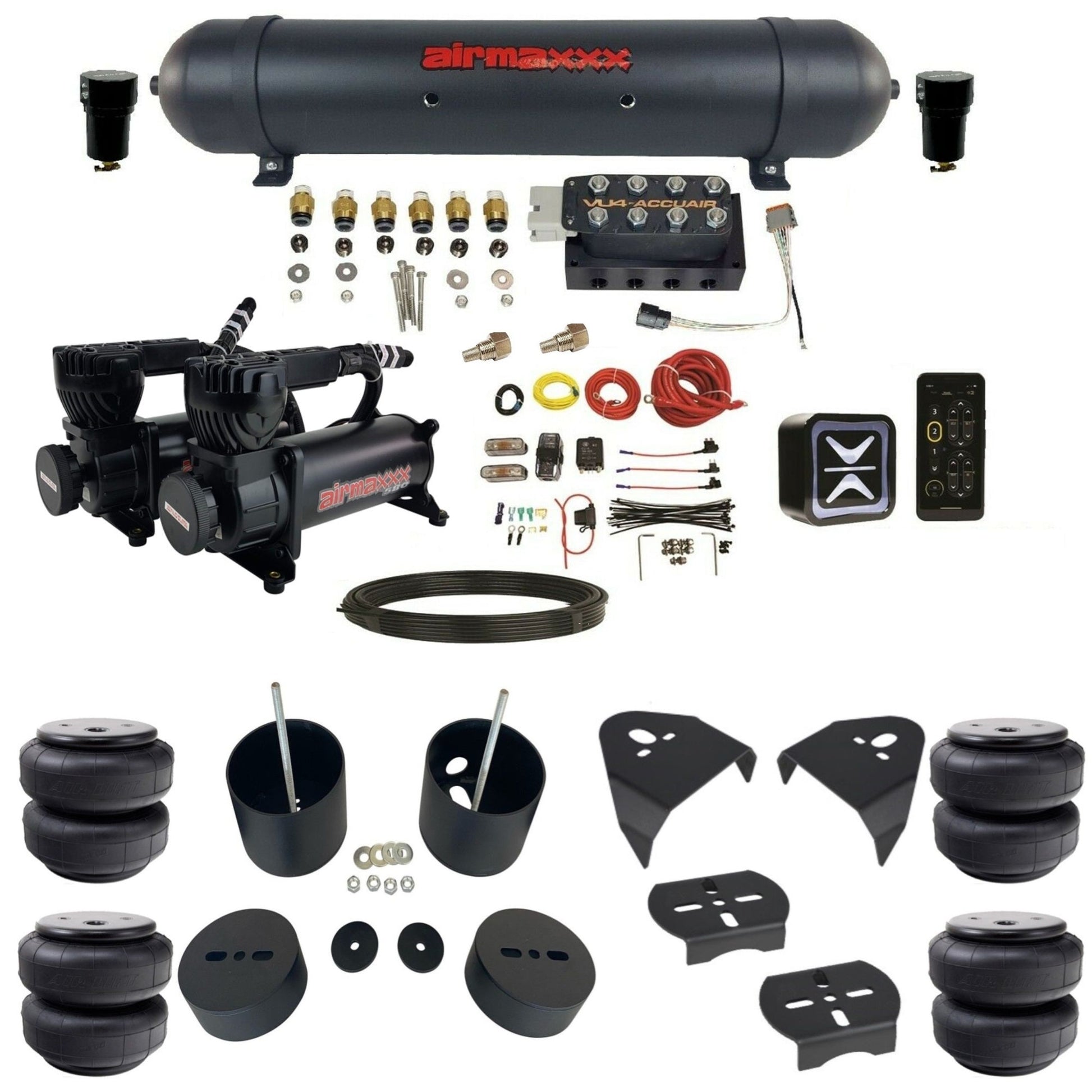 AccuAir E+ Connect VU4 dual 580 black compressors airlift bags aluminum tank air ride kit for 1988–1998 Chevy Silverado KGM88-580B2-57ABK-VU4E-WK-HFD26