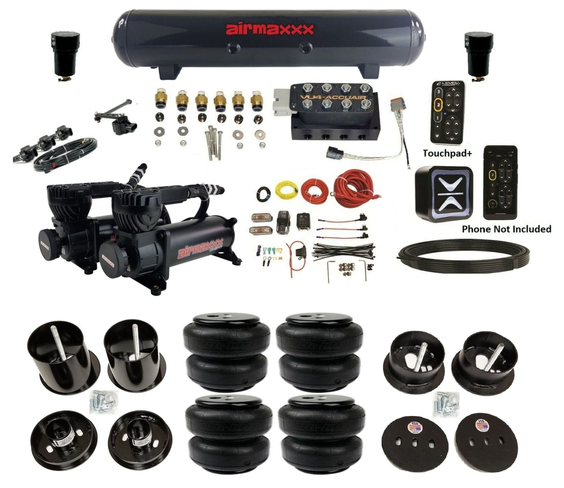 AccuAir E+ Connect & VU4 dual 580 black compressors airlift bags & steel tank air ride kit for 1963–1964 Cadillac KCAD63-580B2-57S-VU4EHT-WK-HFD25