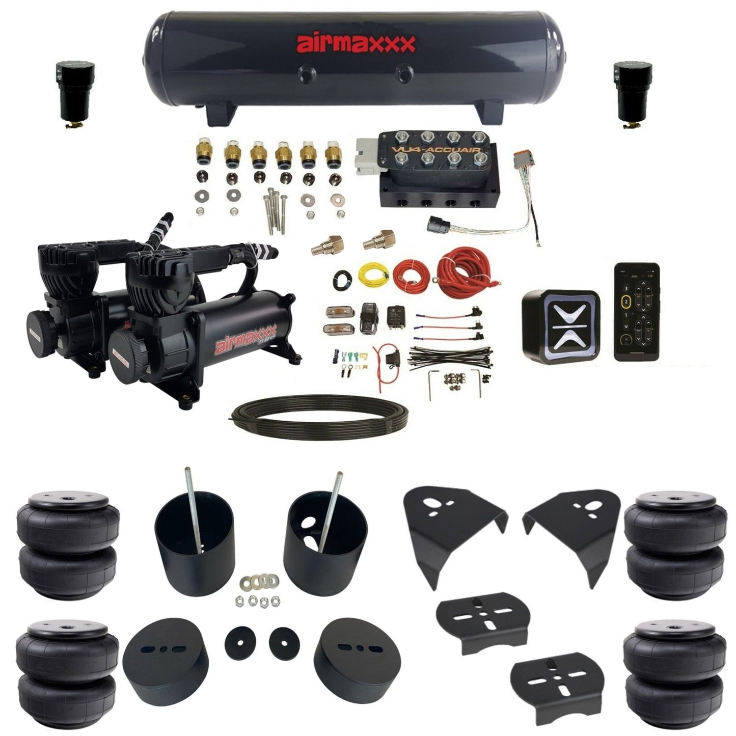 AccuAir E+ Connect VU4 dual 580 black compressors airlift bags steel tank air ride kit for 1988–1998 Chevy Silverado KGM88-580B2-57S-VU4E-WK-HFD26