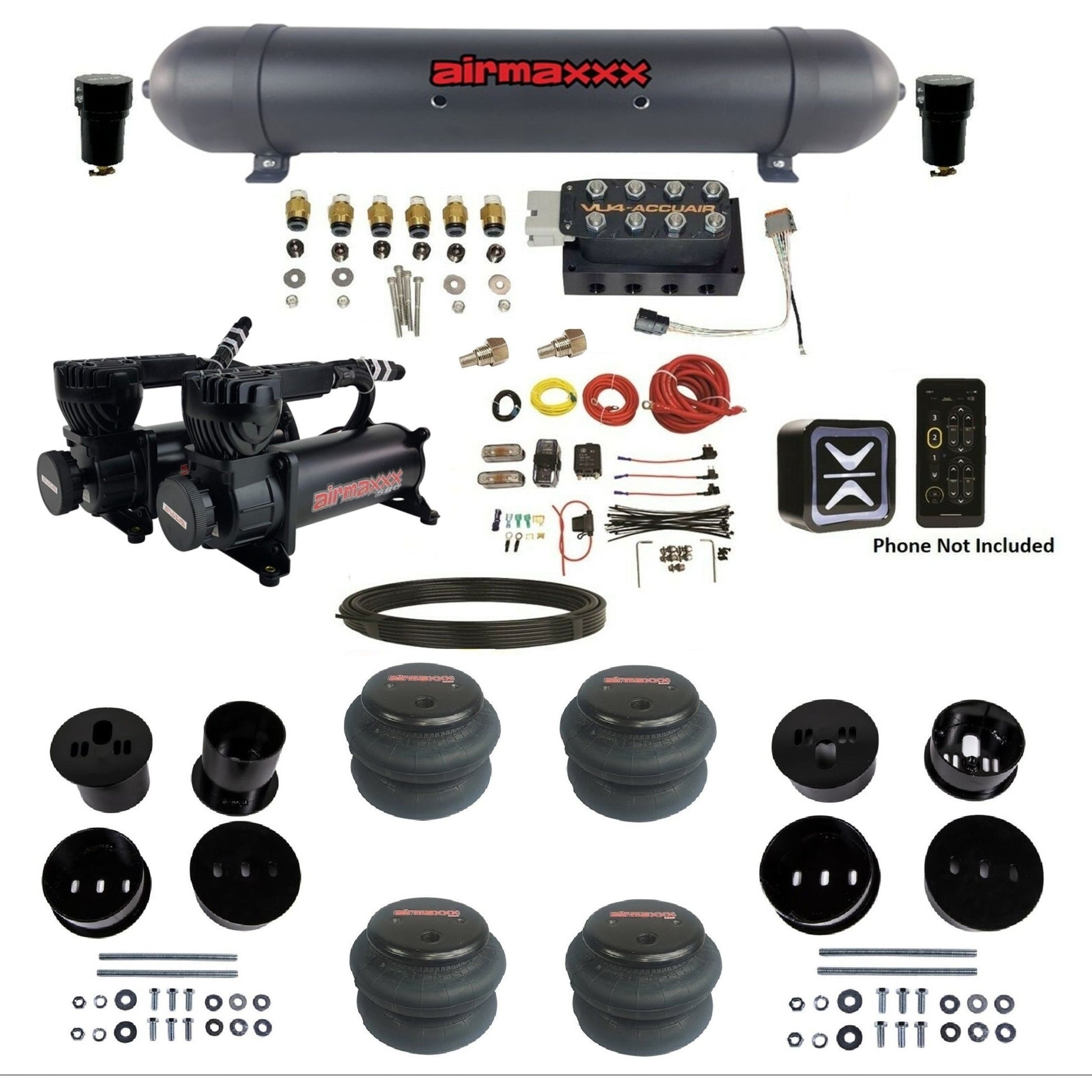 AccuAir E+ Connect & VU4 dual 580 black compressors aluminum tank 2600 bags air ride kit for 1958–1960 Cadillac KCAD58-580B2-57ABK-VU4E-WK-HF