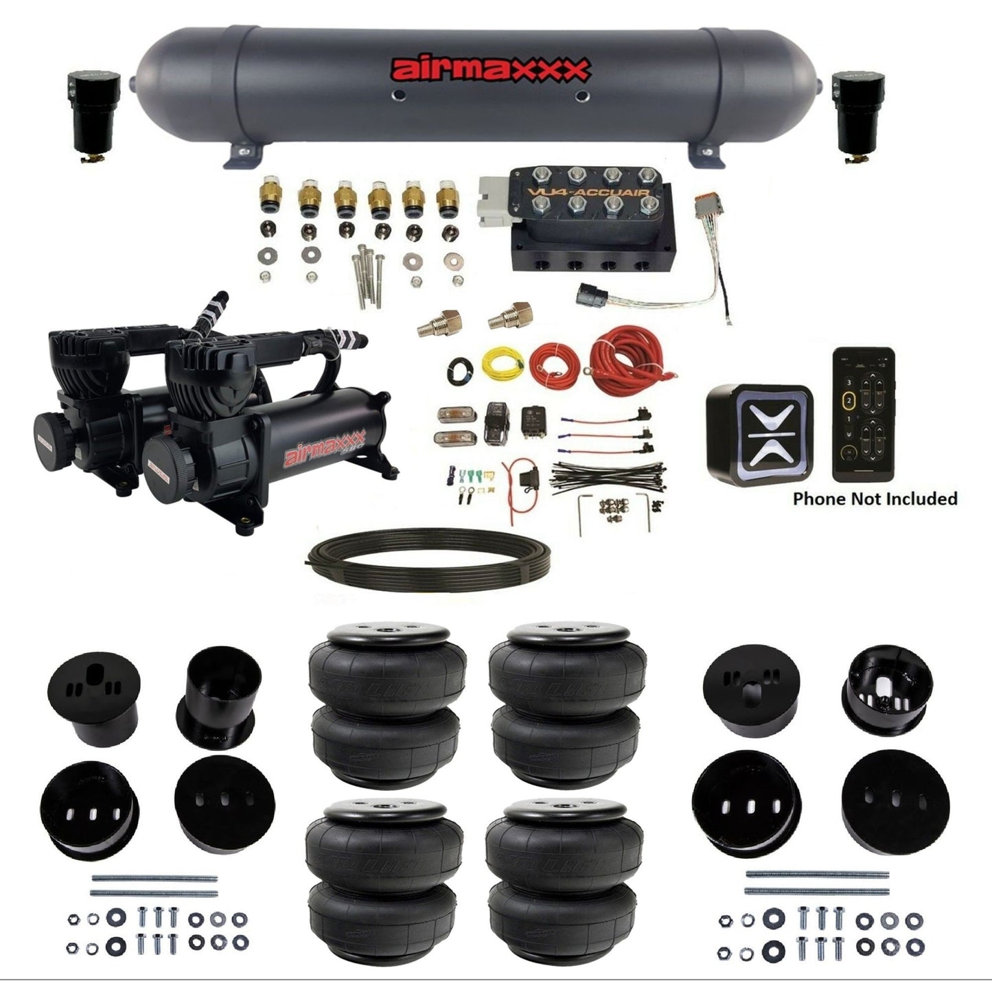 AccuAir E+ Connect & VU4 dual 580 black compressors aluminum tank airlift bags air ride kit for 1958–1960 Cadillac KCAD58-580B2-57ABK-VU4E-WK-HFD25