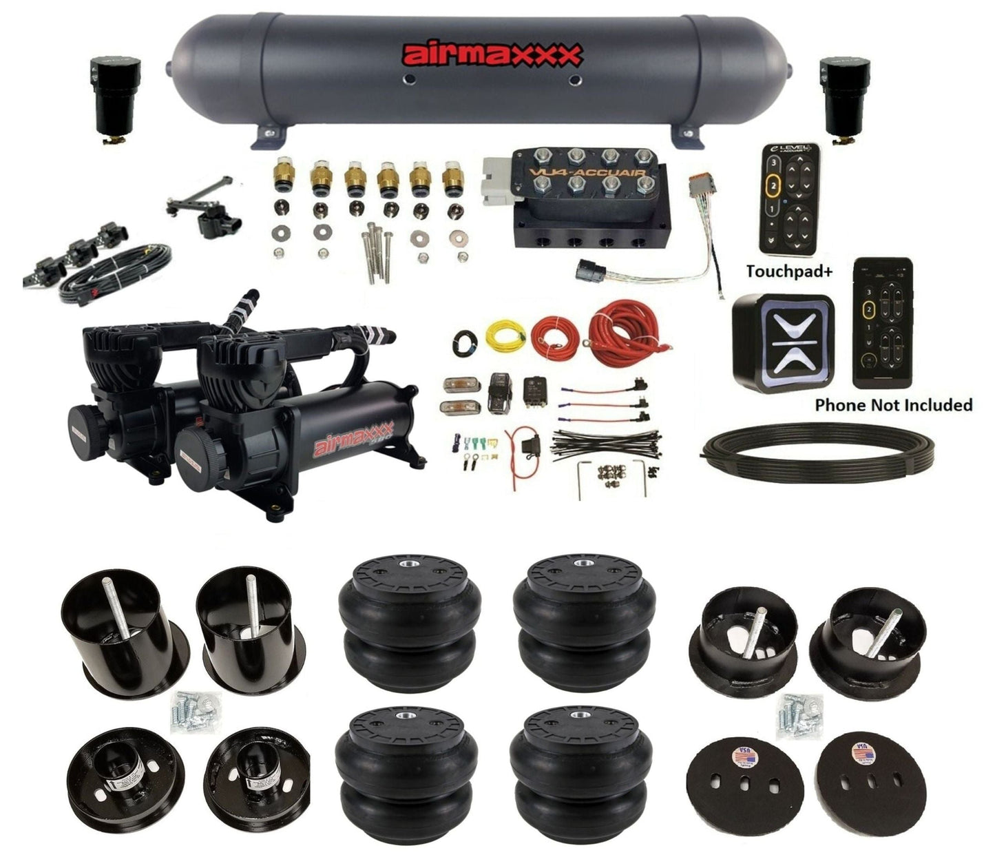 AccuAir E+ Connect & VU4 dual 580 black compressors slam bags & aluminum tank air ride kit for 1963–1964 Cadillac KCAD63-580B2-57ABK-VU4EHT-WK-HFSS7