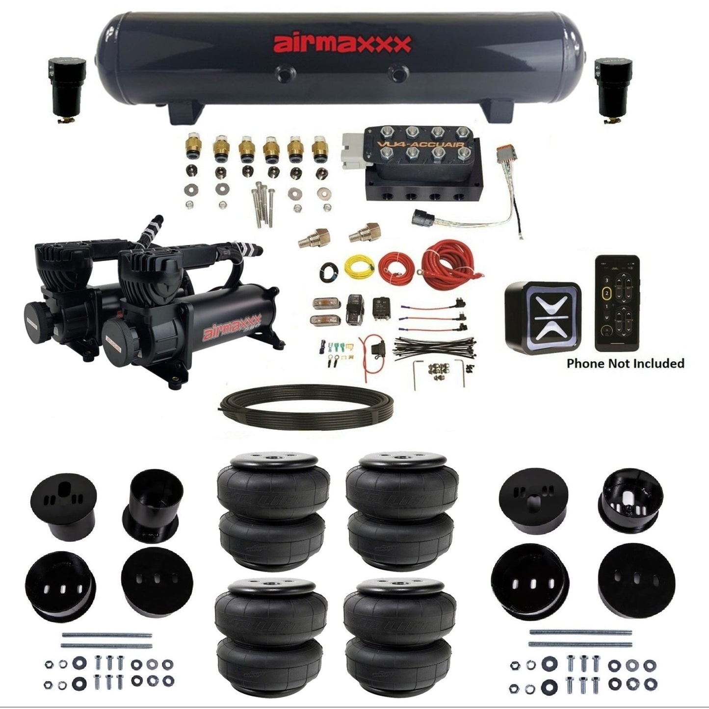 AccuAir E+ Connect & VU4 dual 580 black compressors steel tank airlift bags air ride kit for 1958–1960 Cadillac KCAD58-580B2-57S-VU4E-WK-HFD25