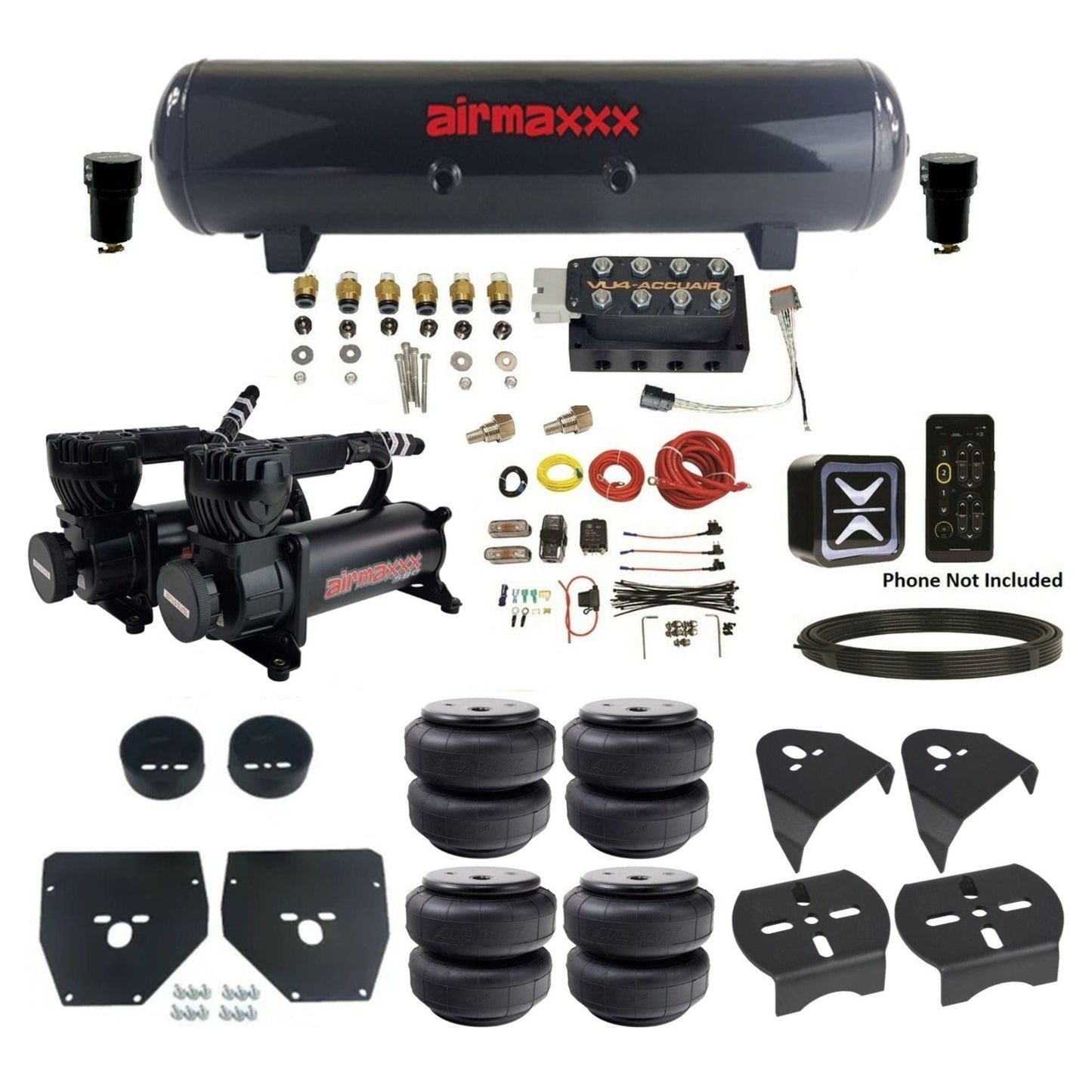AccuAir E+ Connect & VU4 dual 580 black compressors steel tank airlift bags air ride kit for 1973–1987 C10 KC1073-580B2-57S-VU4E-WK-HFD26