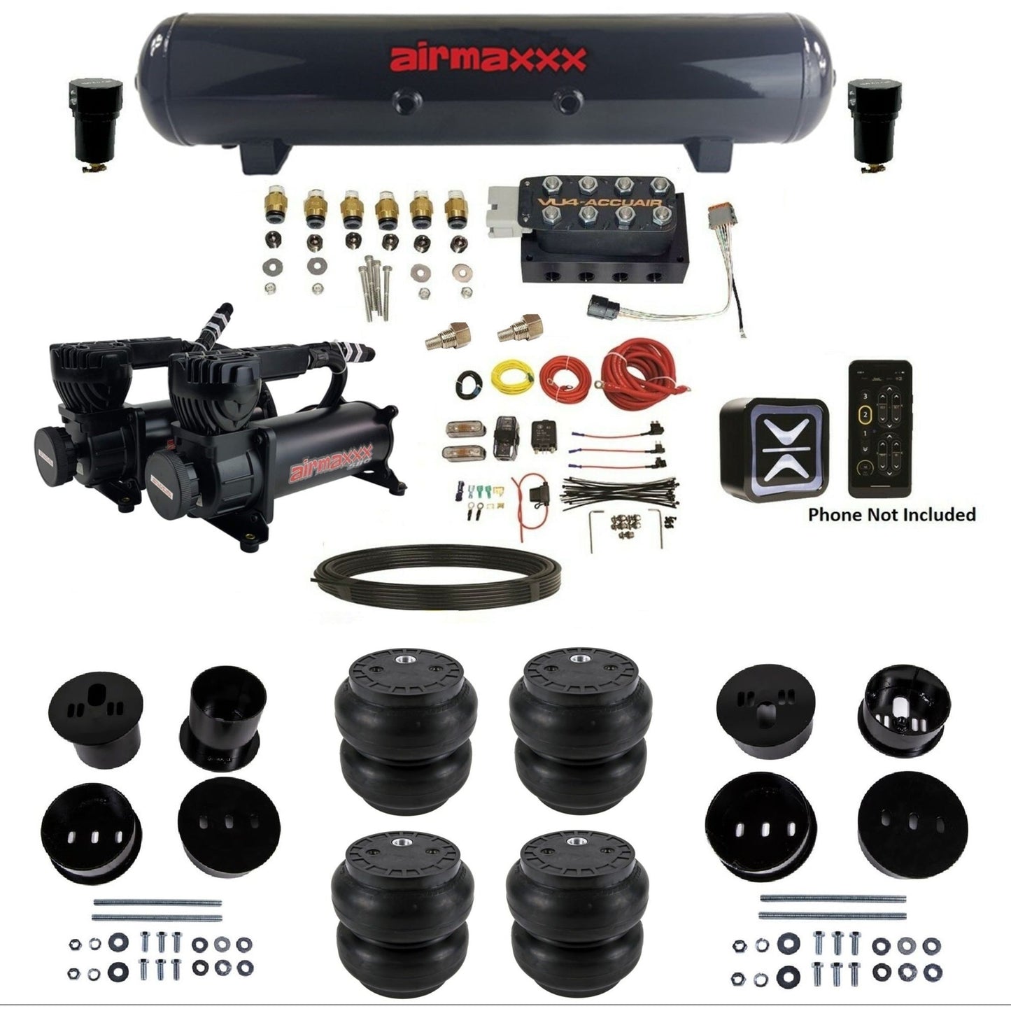 AccuAir E+ Connect & VU4 dual 580 black compressors steel tank slam bags air ride kit for 1958–1960 Cadillac KCAD58-580B2-57S-VU4E-WK-HFSS7