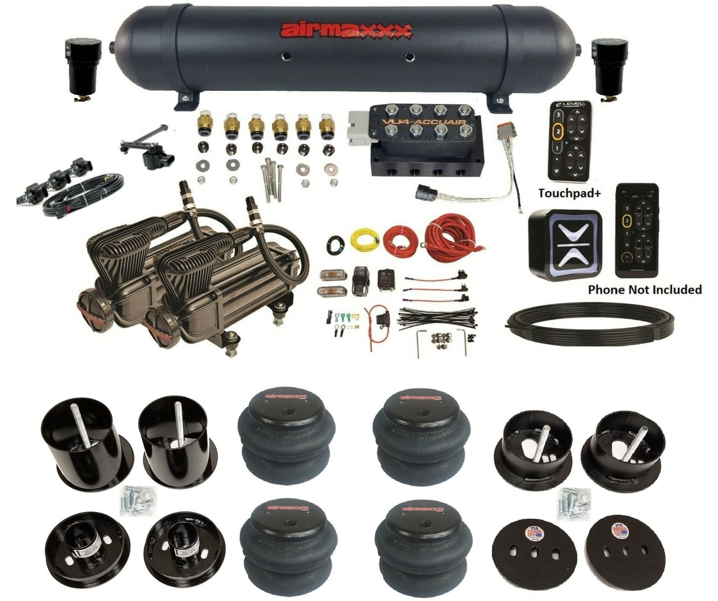 AccuAir E+ Connect & VU4 dual x-series compressors 2600 bags & aluminum tank air ride kit for 1963–1964 Cadillac KCAD63-X2B-57ABK-VU4EHT-WK-HF
