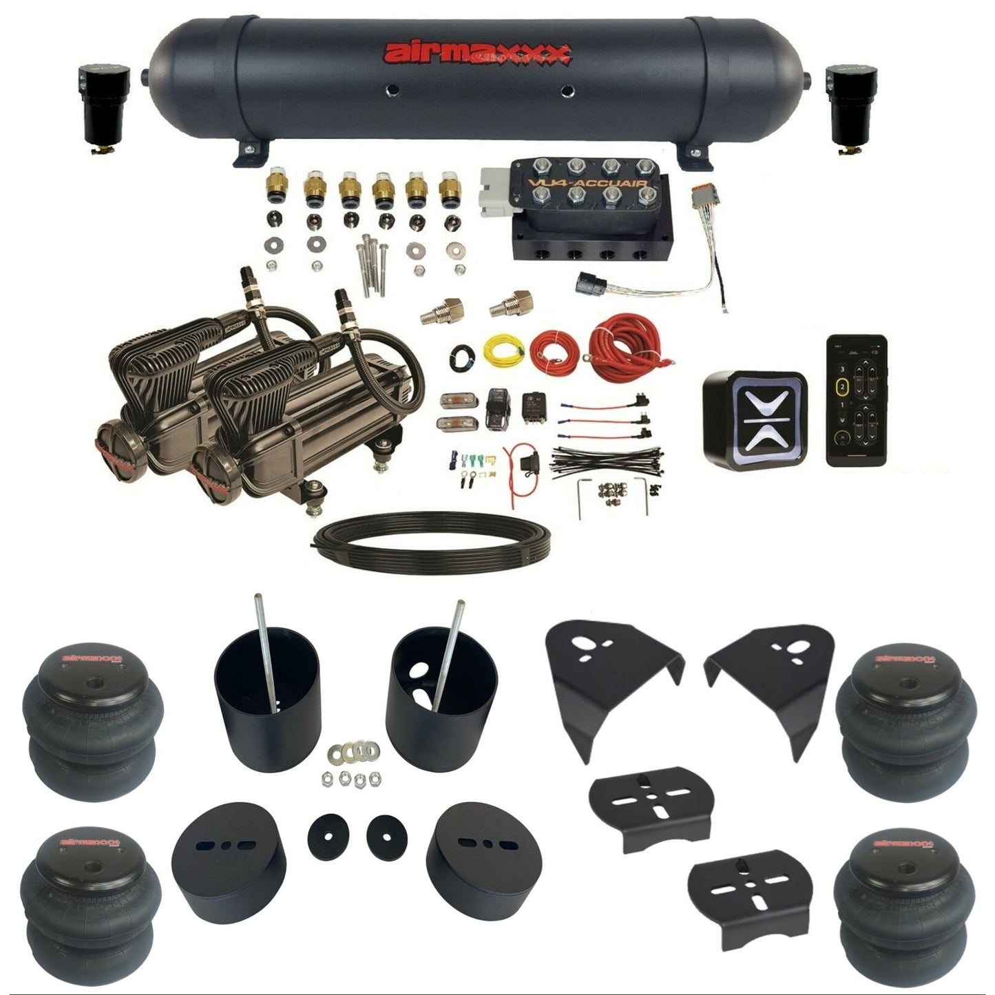 AccuAir E+ Connect VU4 dual x-series compressors 2600 bags aluminum tank air ride kit for 1988–1998 Chevy Silverado KGM88-X2B-57ABK-VU4E-WK-HF