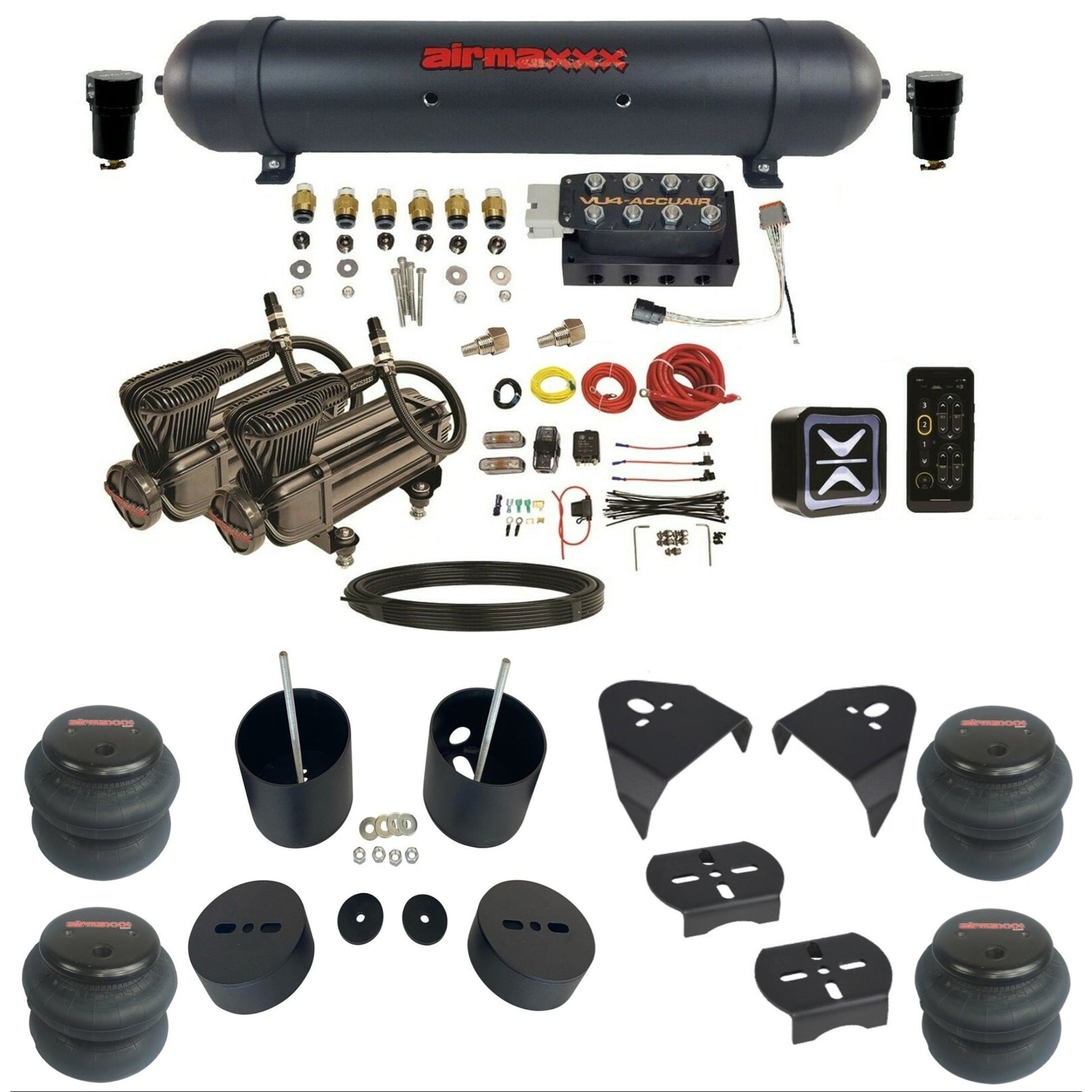 AccuAir E+ Connect VU4 dual x-series compressors 2600 bags aluminum tank air ride kit for 1988–1998 Chevy Silverado KGM88-X2B-57ABK-VU4E-WK-HF
