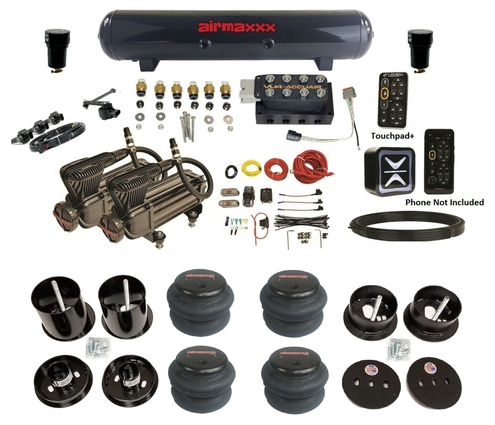 AccuAir E+ Connect & VU4 dual x-series compressors 2600 bags & steel tank air ride kit for 1963–1964 Cadillac KCAD63-X2B-57S-VU4EHT-WK-HF
