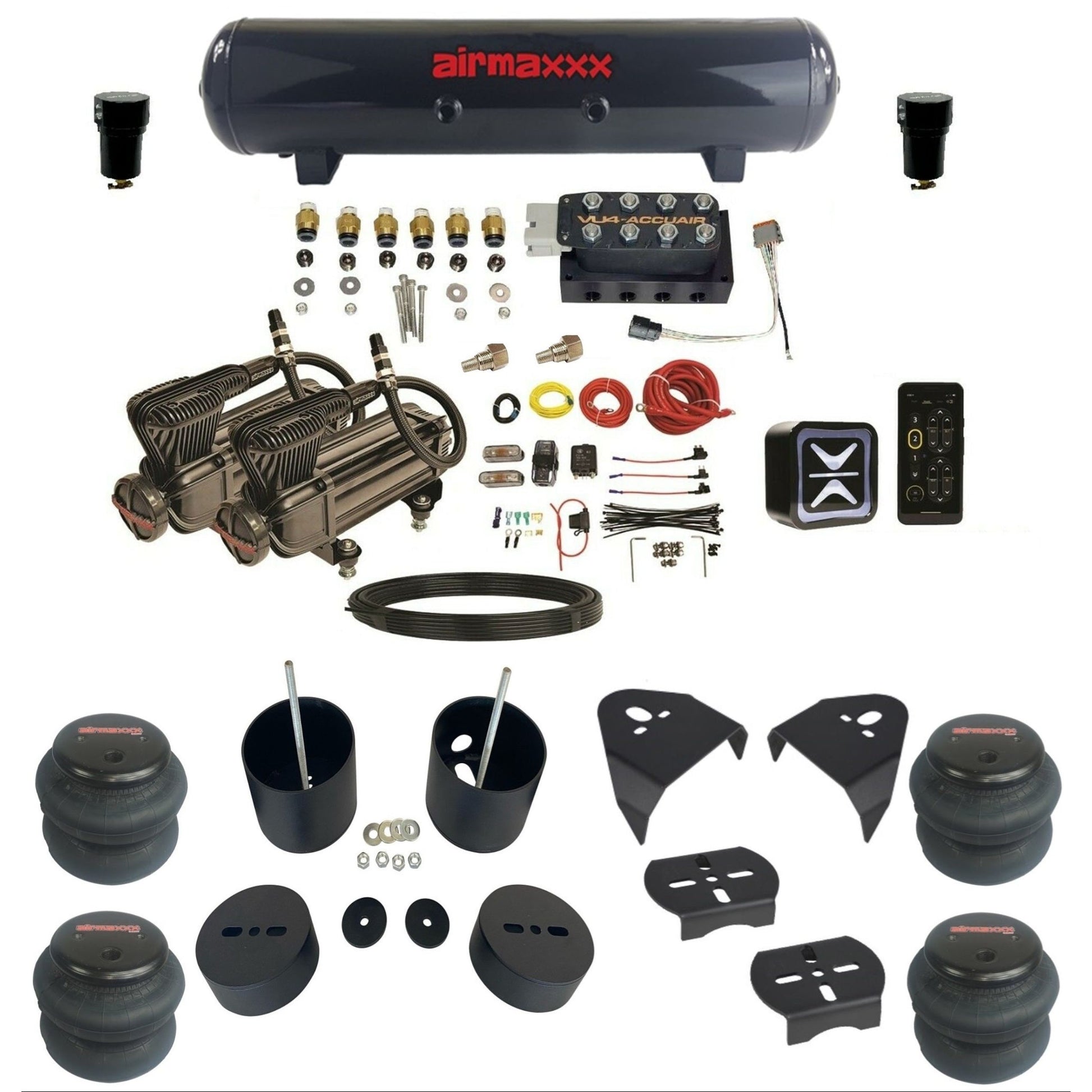 AccuAir E+ Connect VU4 dual x-series compressors 2600 bags steel tank air ride kit for 1988–1998 Chevy Silverado KGM88-XB2-57S-VU4E-WK-HF 