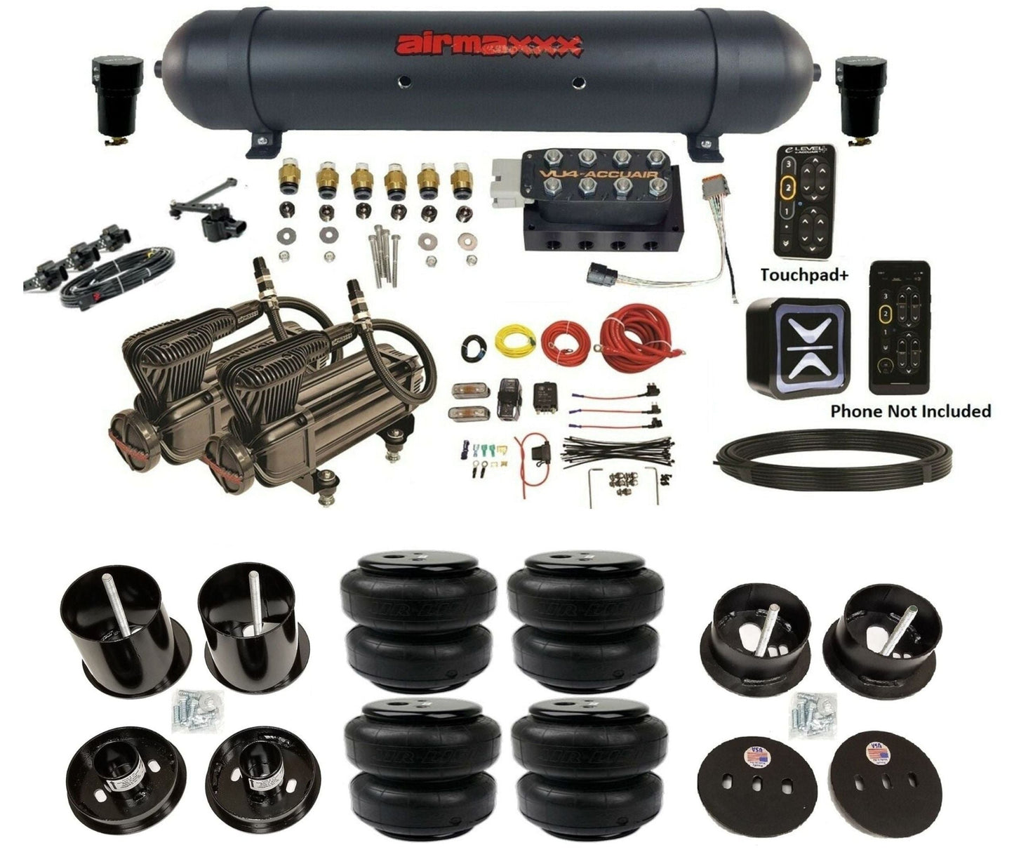 AccuAir E+ Connect & VU4 dual x-series compressors airlift bags & aluminum tank air ride kit for 1963–1964 Cadillac KCAD63-X2B-57ABK-VU4EHT-WK-HFD25