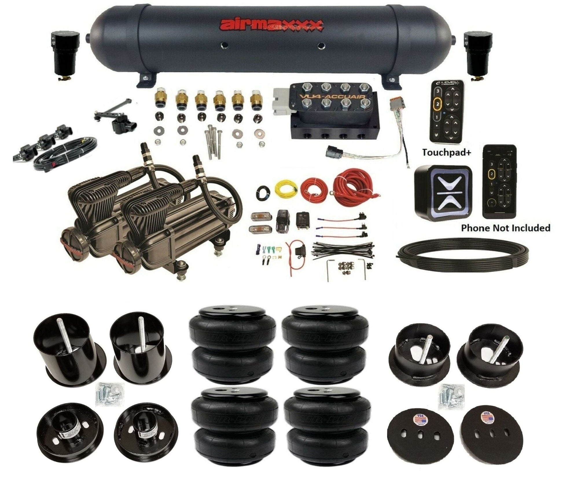 AccuAir E+ Connect & VU4 dual x-series compressors airlift bags & aluminum tank air ride kit for 1963–1964 Cadillac KCAD63-X2B-57ABK-VU4EHT-WK-HFD25