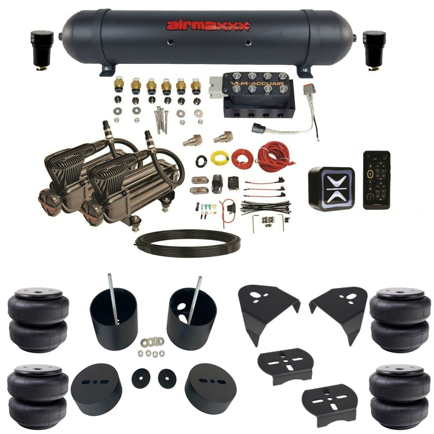 AccuAir E+ Connect VU4 dual x-series compressors airlift bags aluminum tank air ride kit for 1988–1998 Chevy Silverado KGM88-X2B-57ABK-VU4E-WK-HFD26