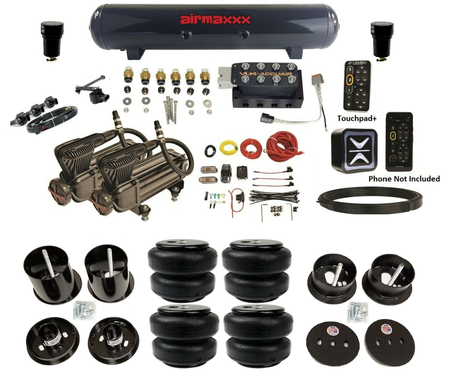 AccuAir E+ Connect & VU4 dual x-series compressors airlift bags & steel tank air ride kit for 1963–1964 Cadillac KCAD63-X2B-57S-VU4EHT-WK-HFD25