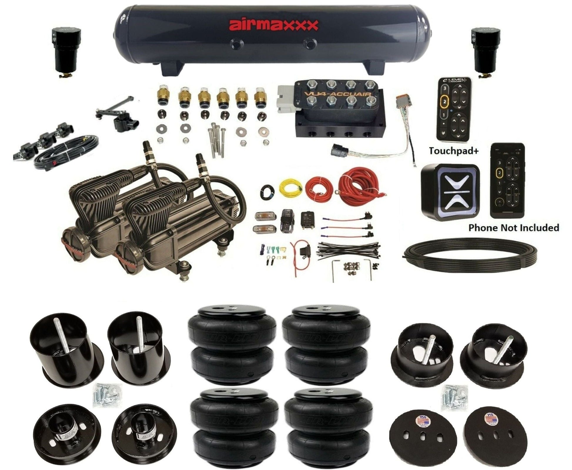 AccuAir E+ Connect & VU4 dual x-series compressors airlift bags & steel tank air ride kit for 1963–1964 Cadillac KCAD63-X2B-57S-VU4EHT-WK-HFD25