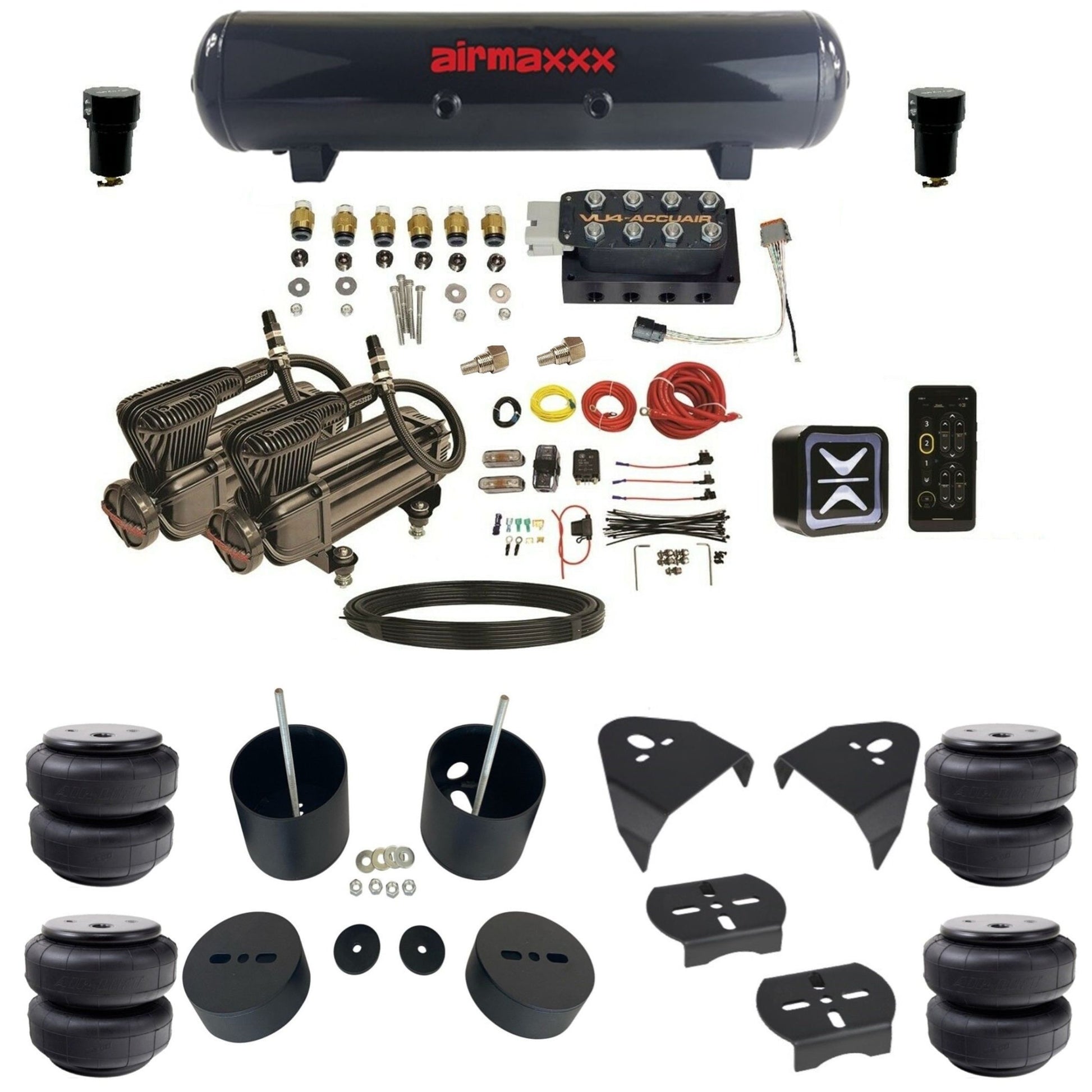 AccuAir E+ Connect VU4 dual x-series compressors airlift bags steel tank air ride kit for 1988–1998 Chevy Silverado KGM88-XB2-57S-VU4E-WK-HFD26