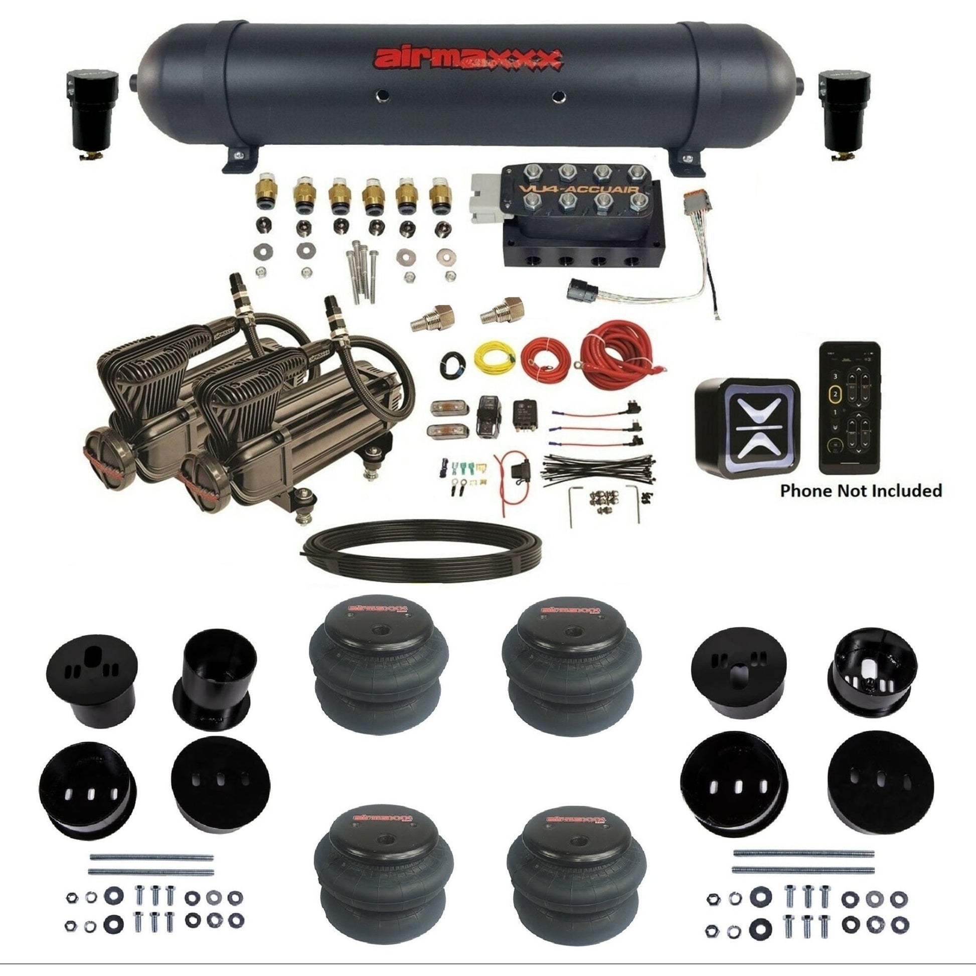 AccuAir E+ Connect & VU4 dual x-series compressors aluminum tank 2600 bags air ride kit for 1958–1960 Cadillac KCAD58-X2B-57ABK-VU4E-WK-HF