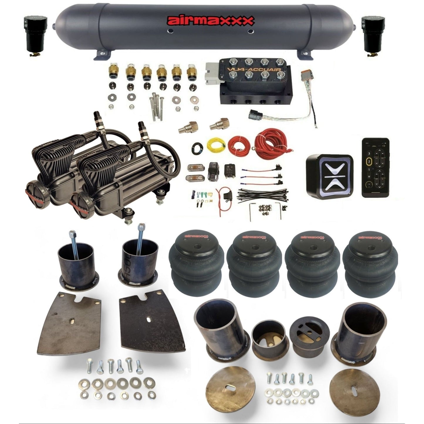 AccuAir E+ Connect VU4 dual x-series compressors aluminum tank 2600 bags air ride kit for 1961–64 Buick KBUI61-XB2-57ABK-VU4E-WK-HF