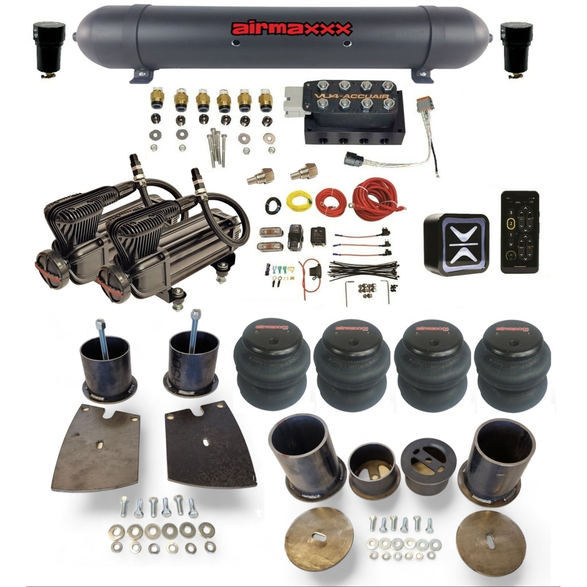 AccuAir E+ Connect VU4 dual x-series compressors aluminum tank 2600 bags air ride kit for 1961–64 Buick KBUI61-XB2-57ABK-VU4E-WK-HF