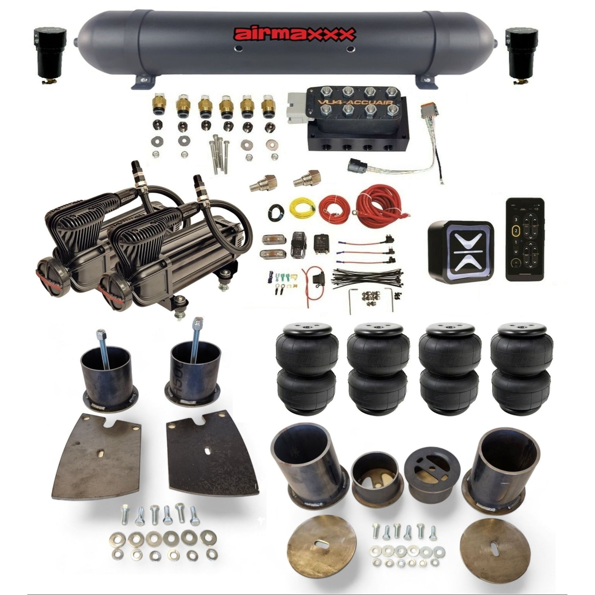 AccuAir E+ Connect VU4 dual x-series compressors aluminum tank airlift bags air ride kit for 1961–64 Buick KBUI61-XB2-57ABK-VU4E-WK-HFD25