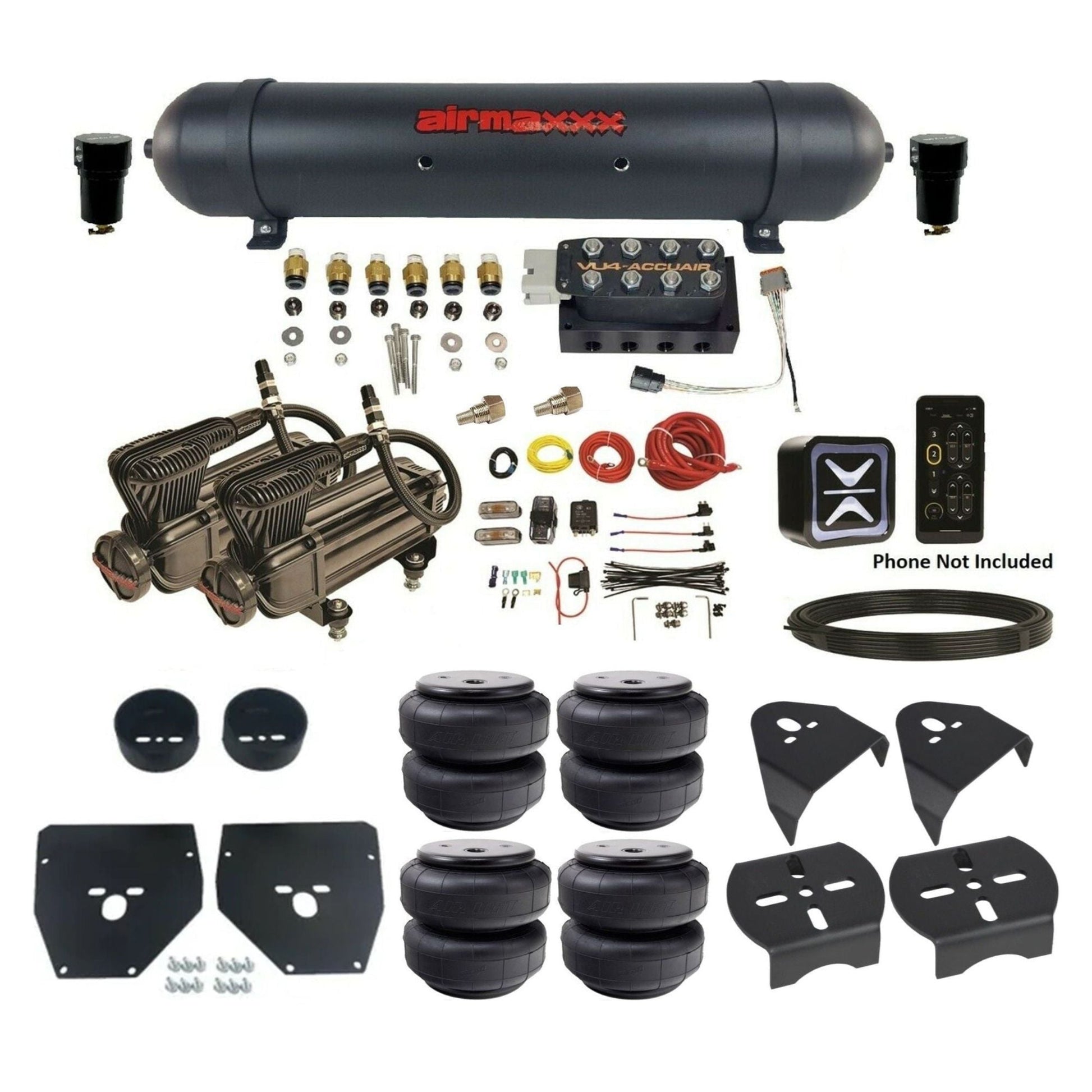 AccuAir E+ Connect & VU4 dual x-series compressors aluminum tank airlift bags air ride kit for 1973–1987 C10 KC1073-X2B-57ABK-VU4E-WK-HFD26