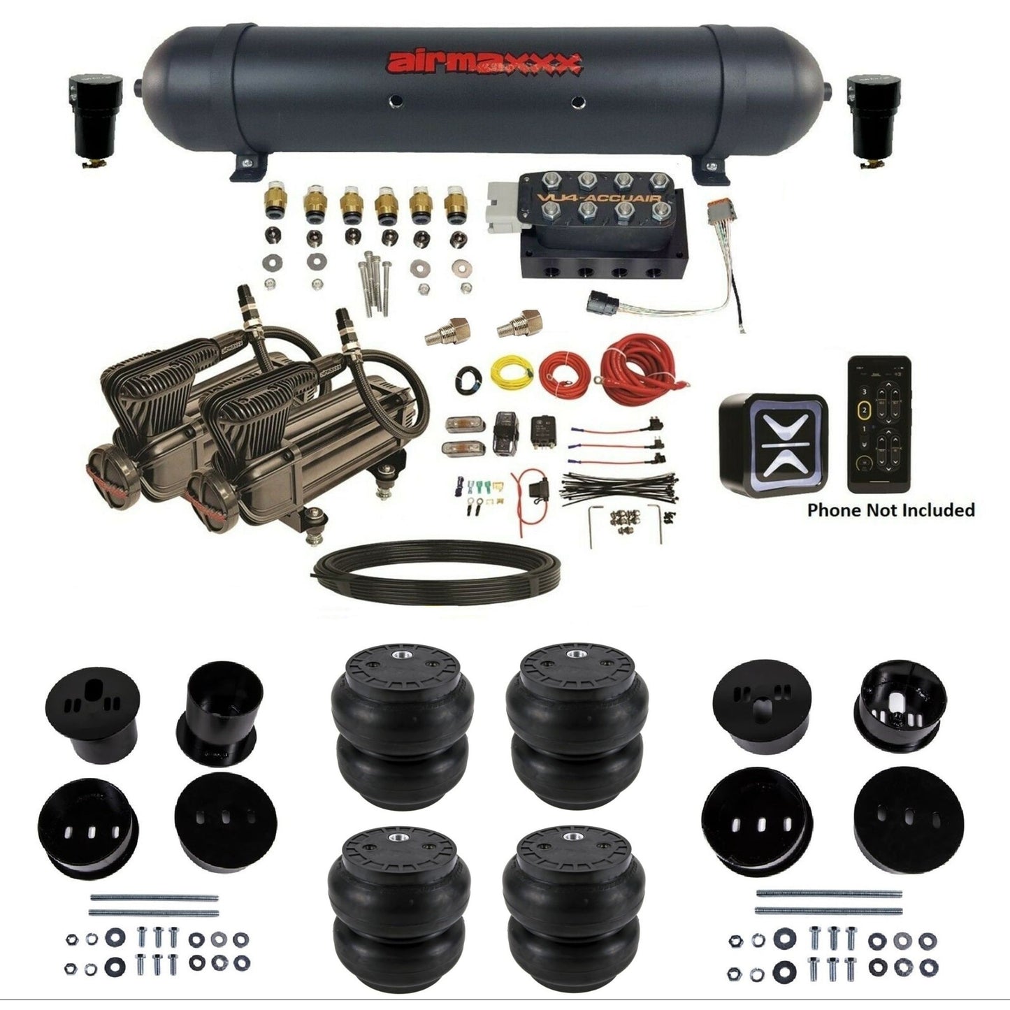 AccuAir E+ Connect & VU4 dual x-series compressors aluminum tank slam bags air ride kit for 1958–1960 Cadillac KCAD58-X2B-57ABK-VU4E-WK-HFSS7