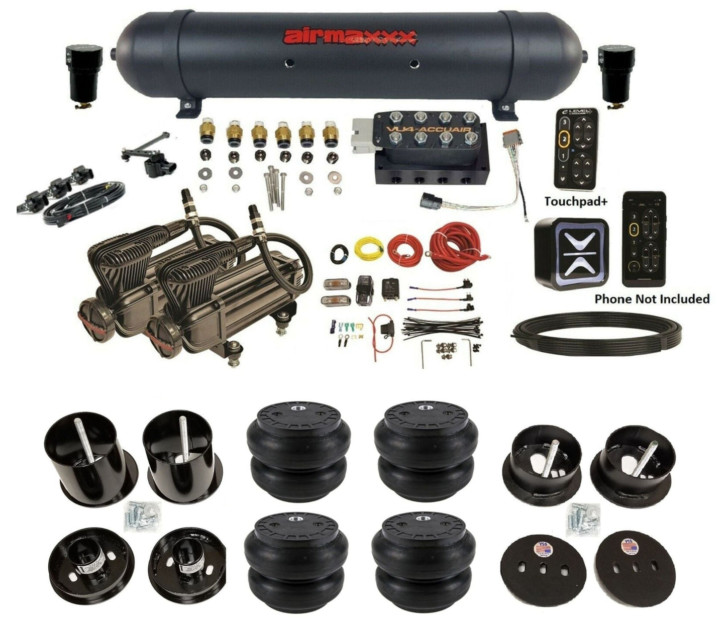 AccuAir E+ Connect & VU4 dual x-series compressors slam bags & aluminum tank air ride kit for 1963–1964 Cadillac KCAD63-X2B-57ABK-VU4EHT-WK-HFSS7