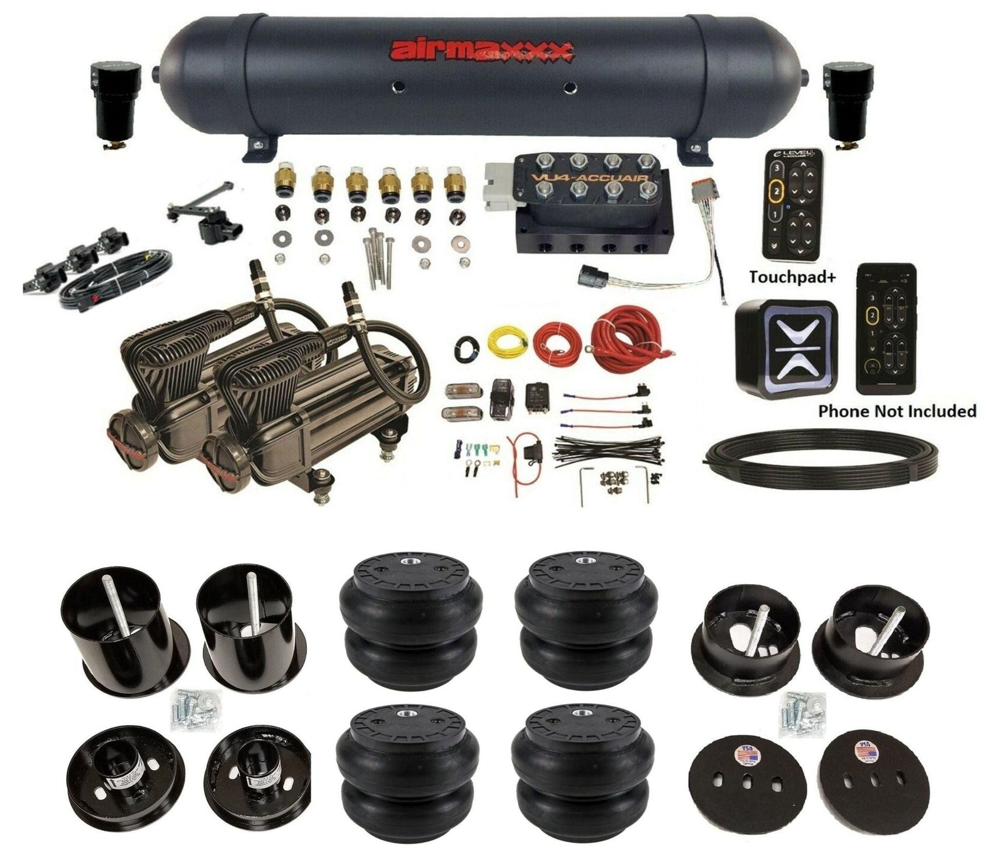 AccuAir E+ Connect & VU4 dual x-series compressors slam bags & aluminum tank air ride kit for 1963–1964 Cadillac KCAD63-X2B-57ABK-VU4EHT-WK-HFSS7