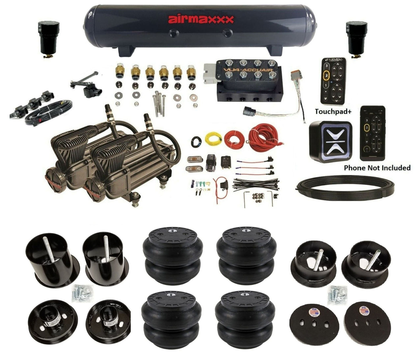 AccuAir E+ Connect & VU4 dual x-series compressors slam bags & steel tank air ride kit for 1963–1964 Cadillac KCAD63-X2B-57S-VU4EHT-WK-HFSS7