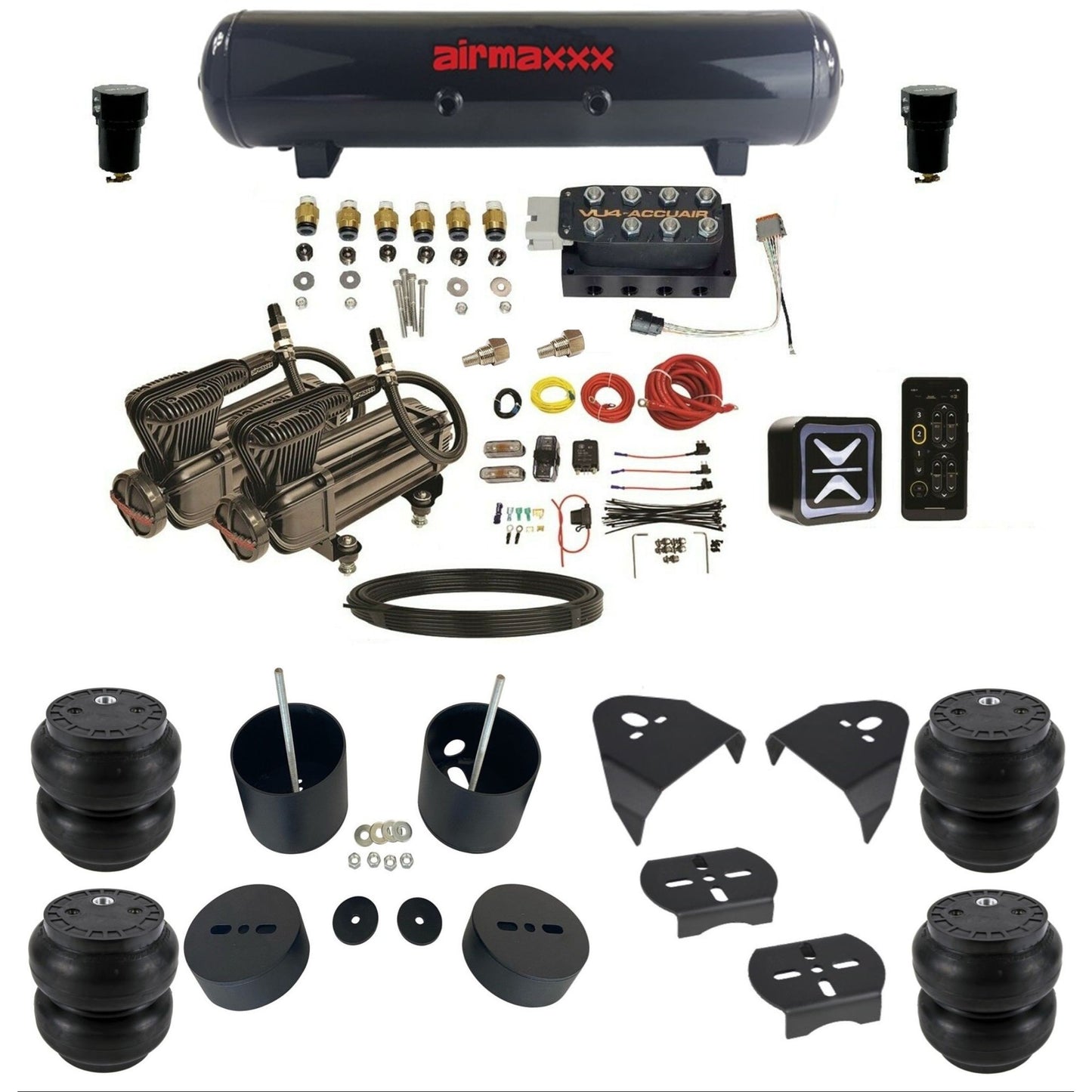 AccuAir E+ Connect VU4 dual x-series compressors slam bags steel tank air ride kit for 1988–1998 Chevy Silverado KGM88-XB2-57S-VU4E-WK-HFSS7