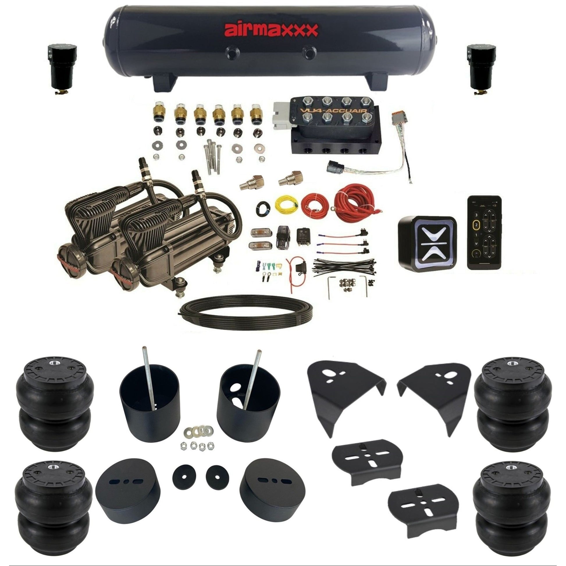 AccuAir E+ Connect VU4 dual x-series compressors slam bags steel tank air ride kit for 1988–1998 Chevy Silverado KGM88-XB2-57S-VU4E-WK-HFSS7