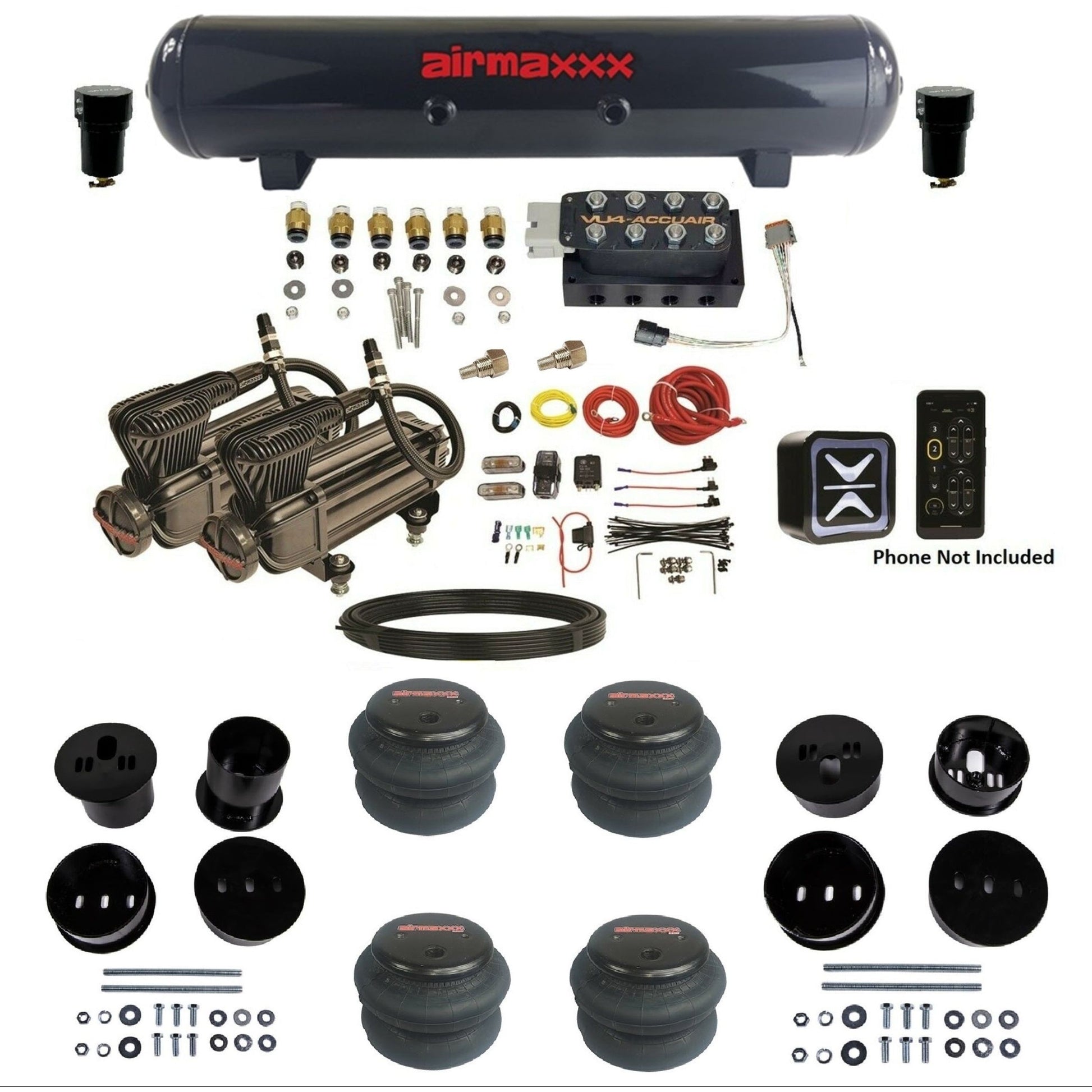 AccuAir E+ Connect & VU4 dual x-series compressors steel tank 2600 bags air ride kit for 1958–1960 Cadillac KCAD58-X2B-57S-VU4E-WK-HF