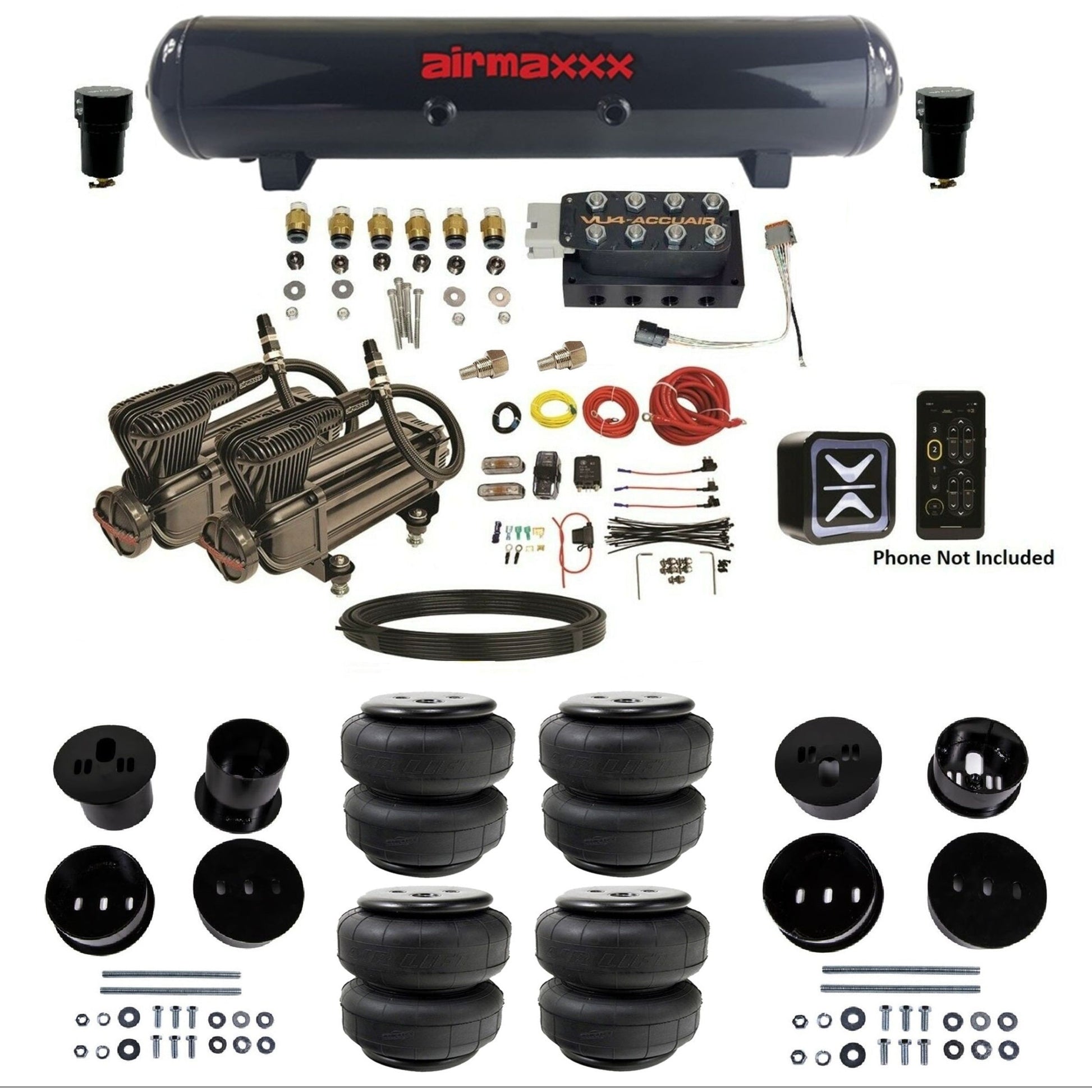 AccuAir E+ Connect & VU4 dual x-series compressors steel tank airlift bags air ride kit for 1958–1960 Cadillac KCAD58-X2B-57S-VU4E-WK-HFD25