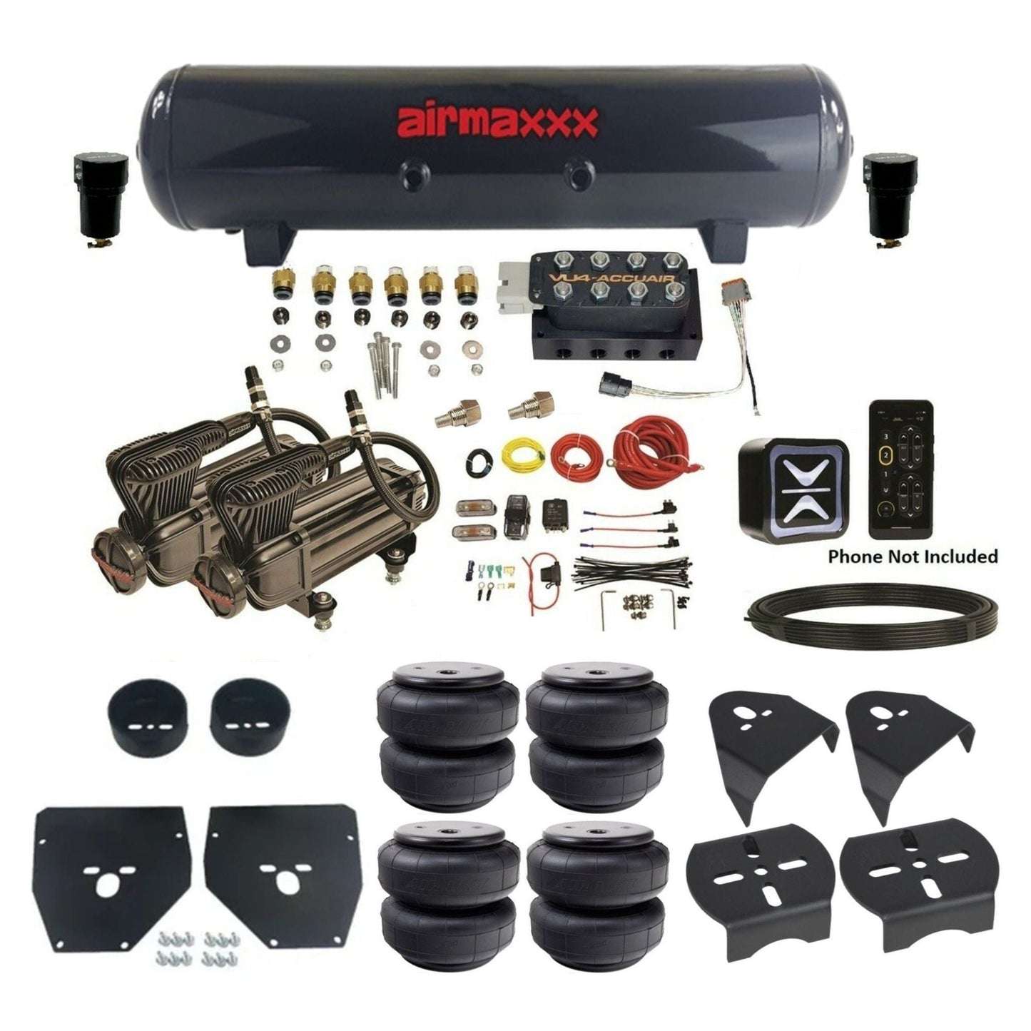 AccuAir E+ Connect & VU4 dual x-series compressors steel tank airlift bags air ride kit for 1973–1987 C10 KC1073-X2B-57S-VU4E-WK-HFD26