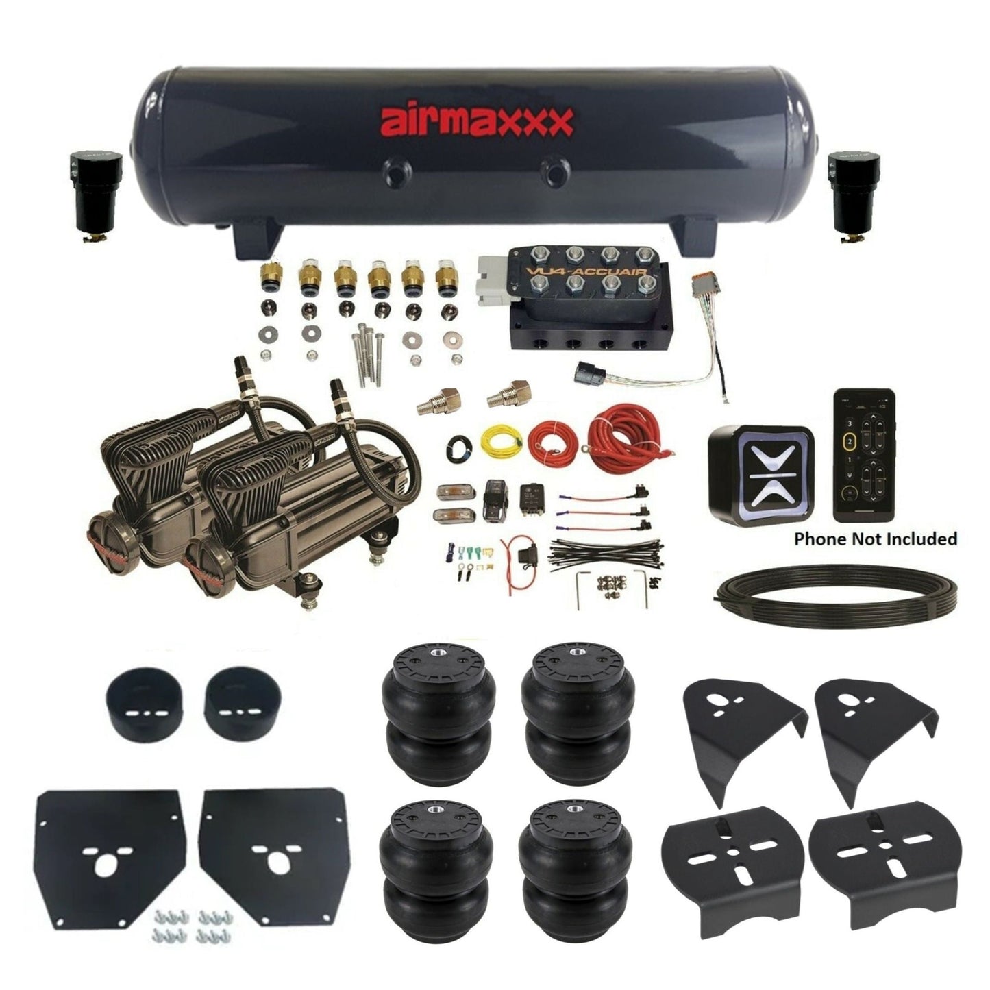 AccuAir E+ Connect & VU4 dual x-series compressors steel tank slam bags air ride kit for 1973–1987 C10 KC1073-X2B-57S-VU4E-WK-HFSS7