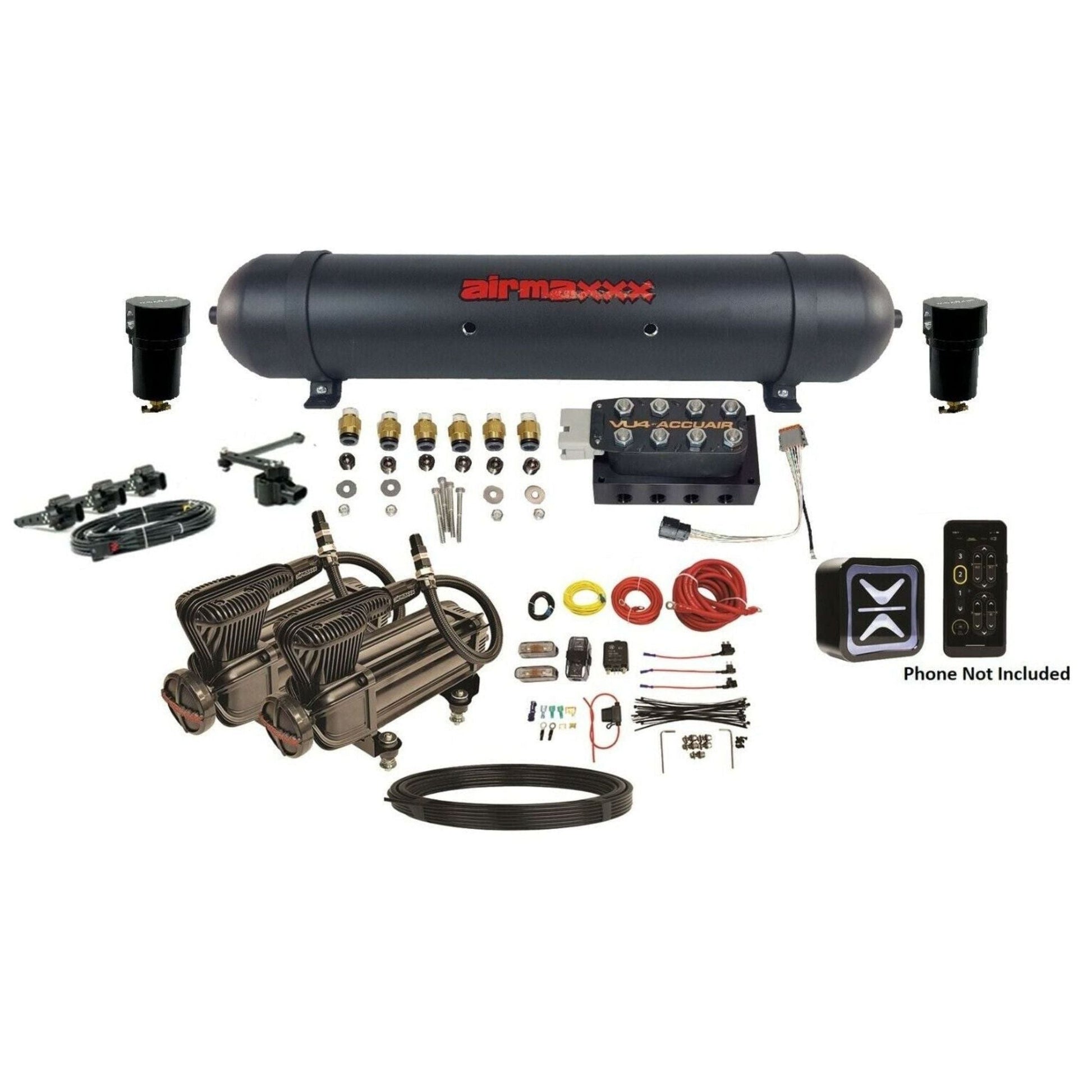 AccuAir E+ Height+ Vu4 manifold airmaxxx X-Series compressors 5-gallon black tank