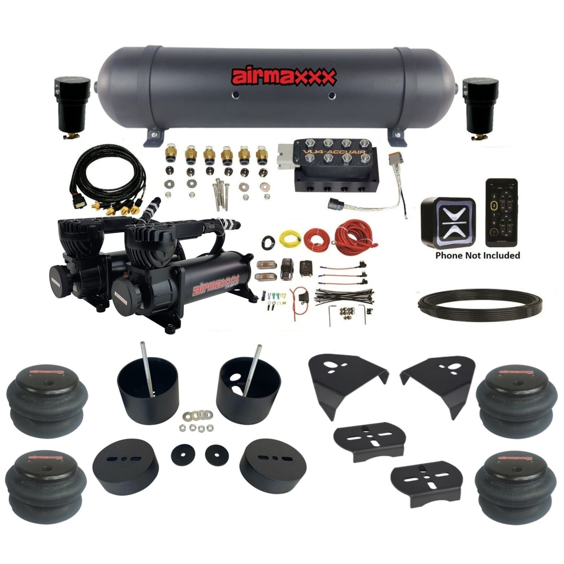 AccuAir E+ Pressure dual 580 black compressors aluminum tank 2600 bags air ride kit for 1999–2006 Silverado KGM99-580B2-57ABK-VU4-EP