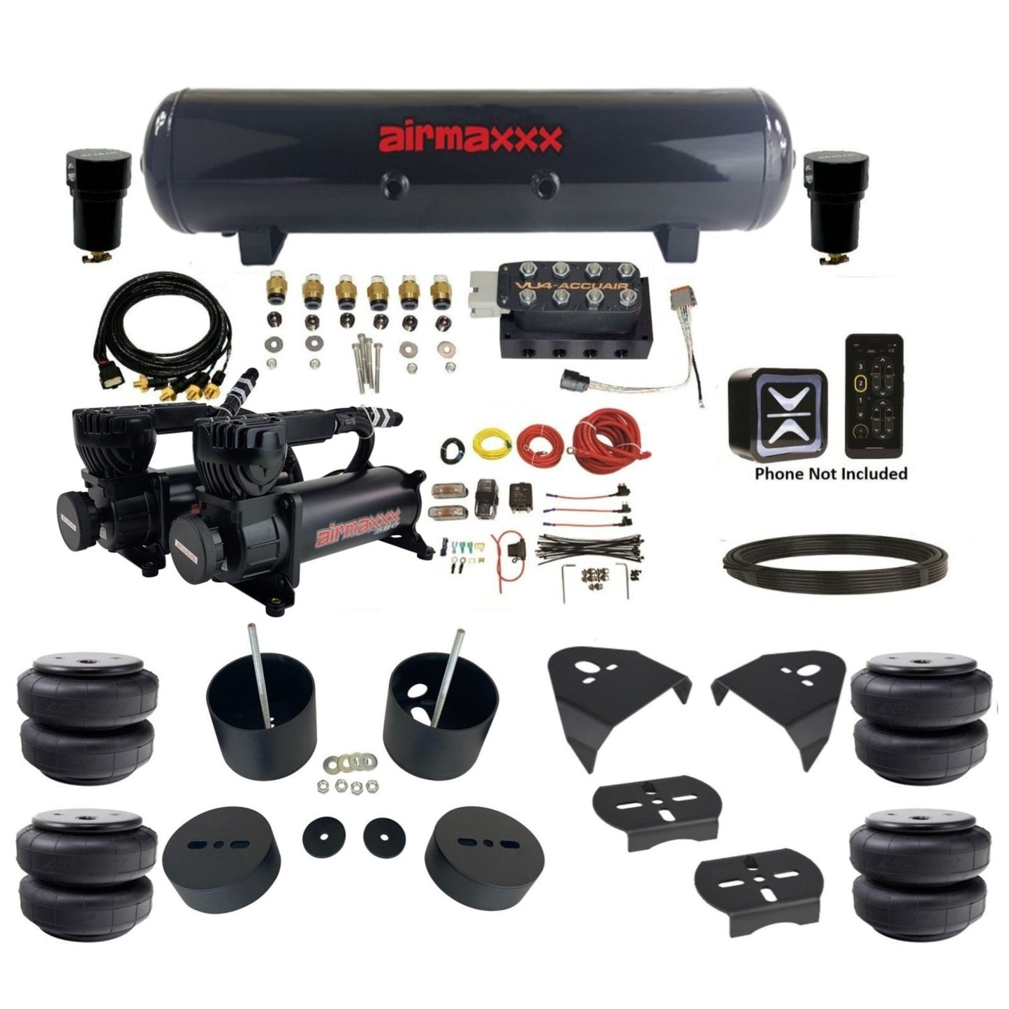 AccuAir E+ Pressure dual 580 black compressors steel tank airlift bags air ride kit for 1999–2006 Silverado KGM99-580B2-57S-VU4-EPD26