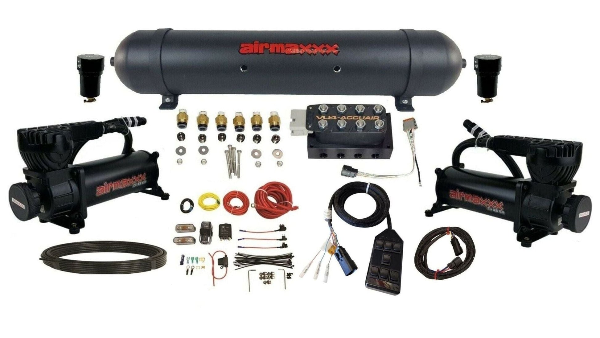 AccuAir VU4 3/8 air ride management kit w/dual 580 black compressors & aluminum tank MK-580B2-57ABK-VU47BK-WK-HF