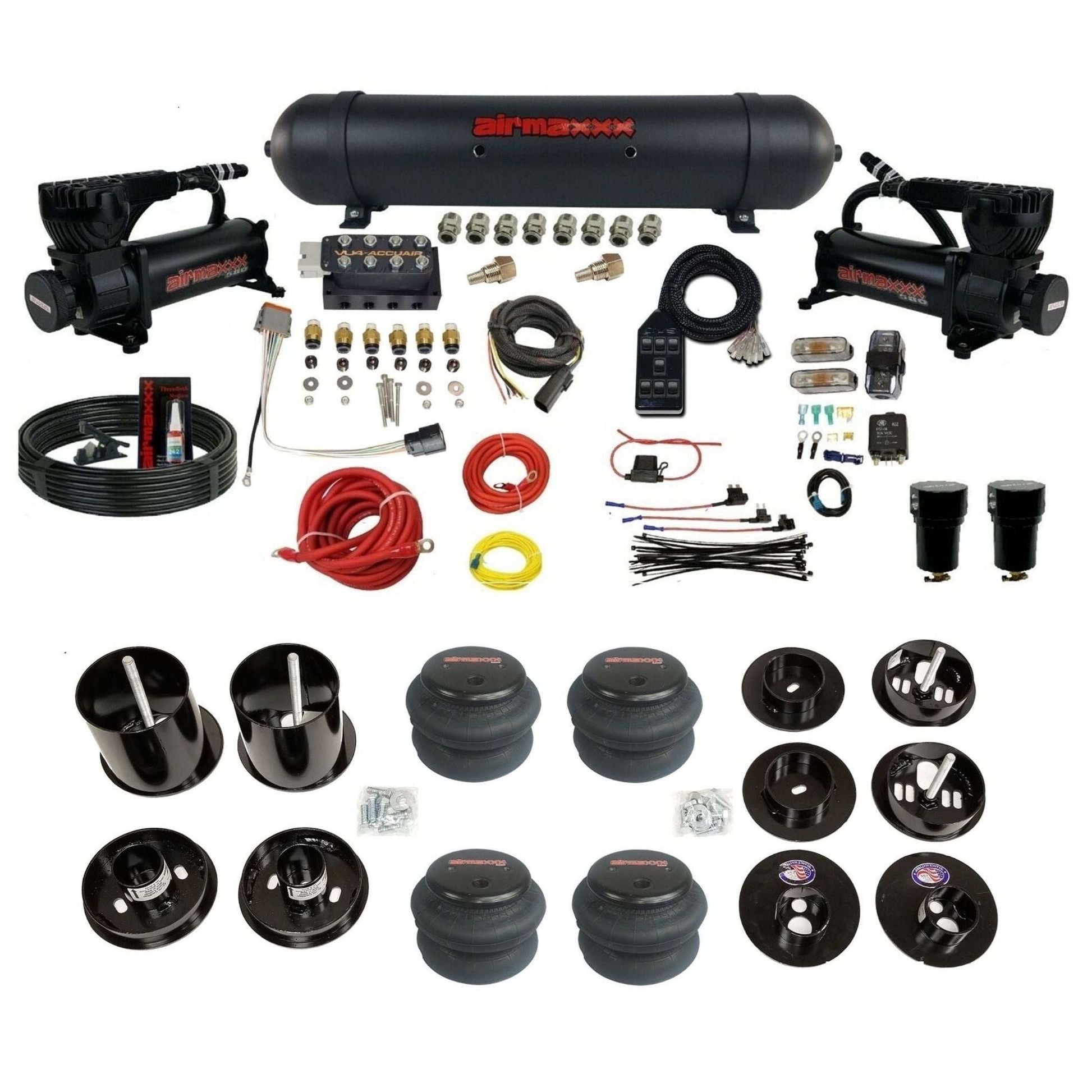 AccuAir VU4 3/8 air suspension kit dual 580 black compressors aluminum tank 2600 bags for 1965–70 Cadillac KCAD65-580B2-57ABK-VU4-7BK-WK-HF