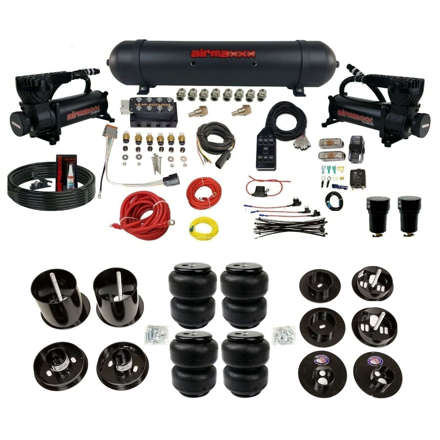 AccuAir VU4 3/8 air suspension kit dual 580 black compressors aluminum tank airlift bags for 1965–70 Cadillac KCAD65-580B2-57ABK-VU4-7BK-WK-HFD25