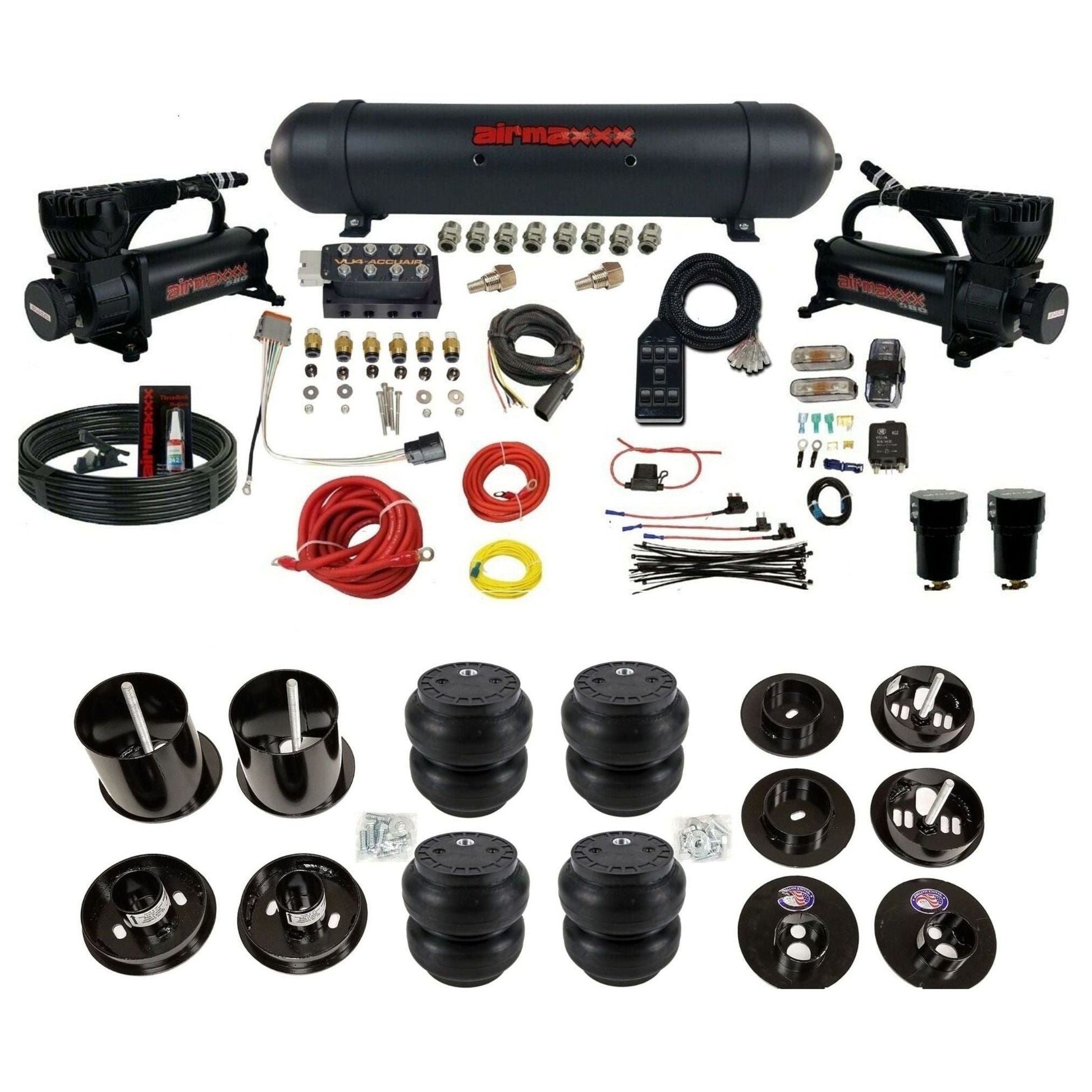 AccuAir VU4 3/8 air suspension kit dual 580 black compressors aluminum tank slam bags for 1965–70 Cadillac KCAD65-580B2-57ABK-VU4-7BK-WK-HFSS7