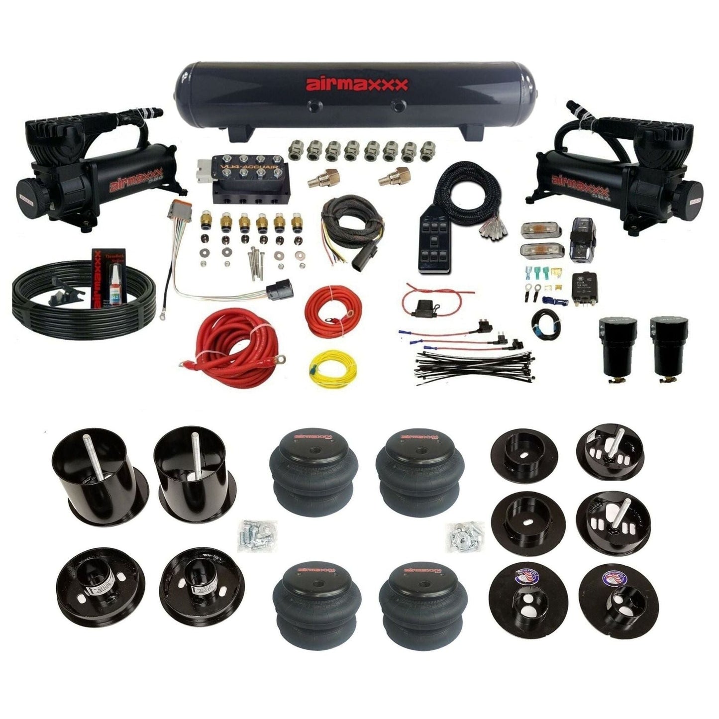 AccuAir VU4 3/8 air suspension kit dual 580 black compressors steel tank 2600 bags for 1965–70 Cadillac KCAD65-580B2-57S-VU4-7BK-WK-HF
