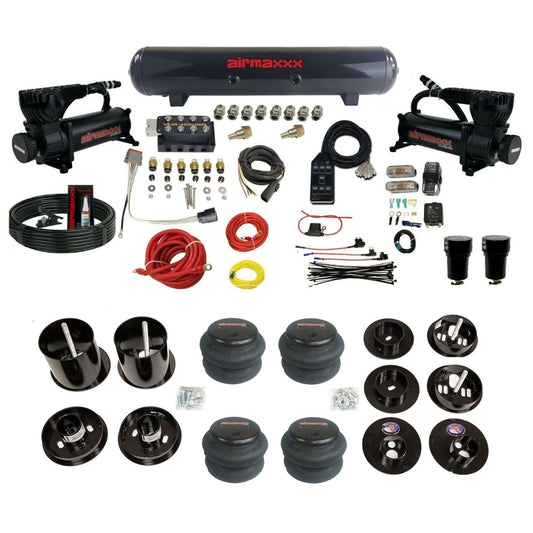 AccuAir VU4 3/8 air suspension kit dual 580 black compressors steel tank 2600 bags for 1965–70 Cadillac KCAD65-580B2-57S-VU4-7BK-WK-HF