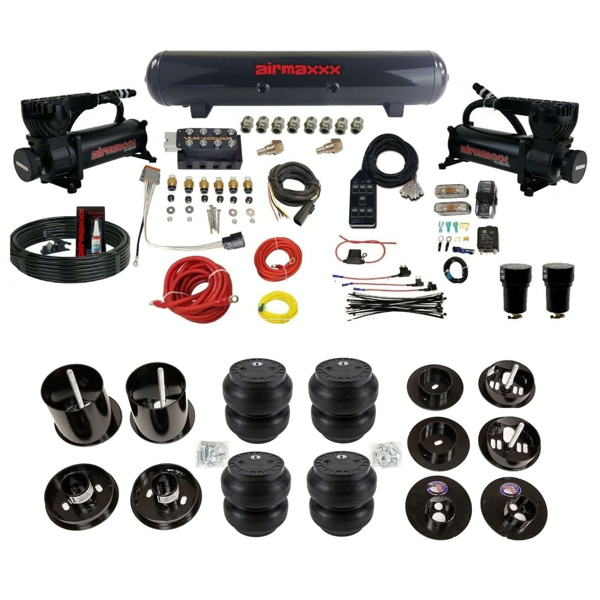 AccuAir VU4 3/8 air suspension kit dual 580 black compressors steel tank slam bags for 1965–70 Cadillac KCAD65-580B2-57S-VU4-7BK-WK-HFSS7