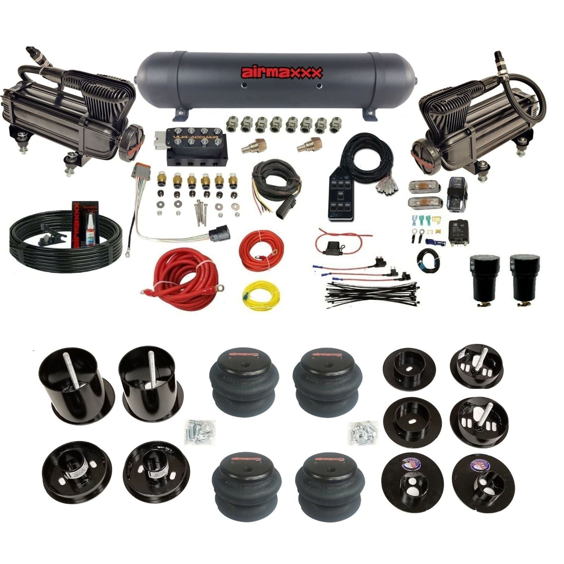 AccuAir VU4 3/8 air suspension kit dual x-series compressors aluminum tank 2600 bags for 1965–70 Cadillac KCAD65-XB2-57ABK-VU4-7BK-WK-HF