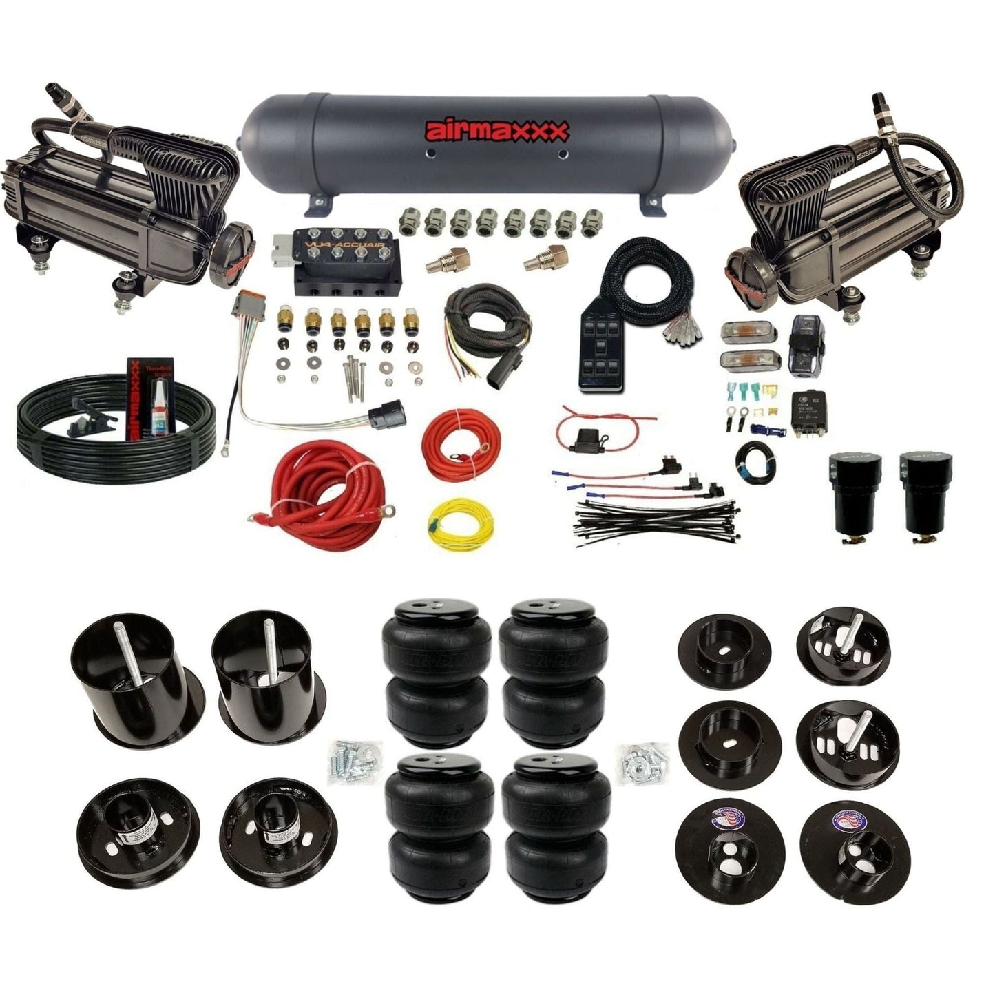 AccuAir VU4 3/8 air suspension kit dual x-series compressors aluminum tank airlift bags for 1965–70 Cadillac KCAD65-XB2-57ABK-VU4-7BK-WK-HFD25
